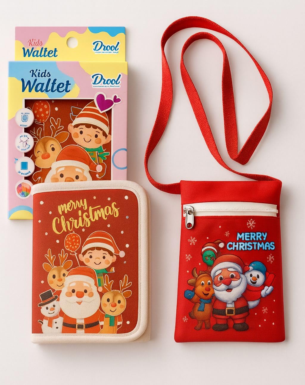Glitreeprops Santa Christmas Accessory Set – Velvet Sling Bag & Trifold Wallet for Kids (2 Items) | Cute Holiday Return Gift, Secret Santa Surprise