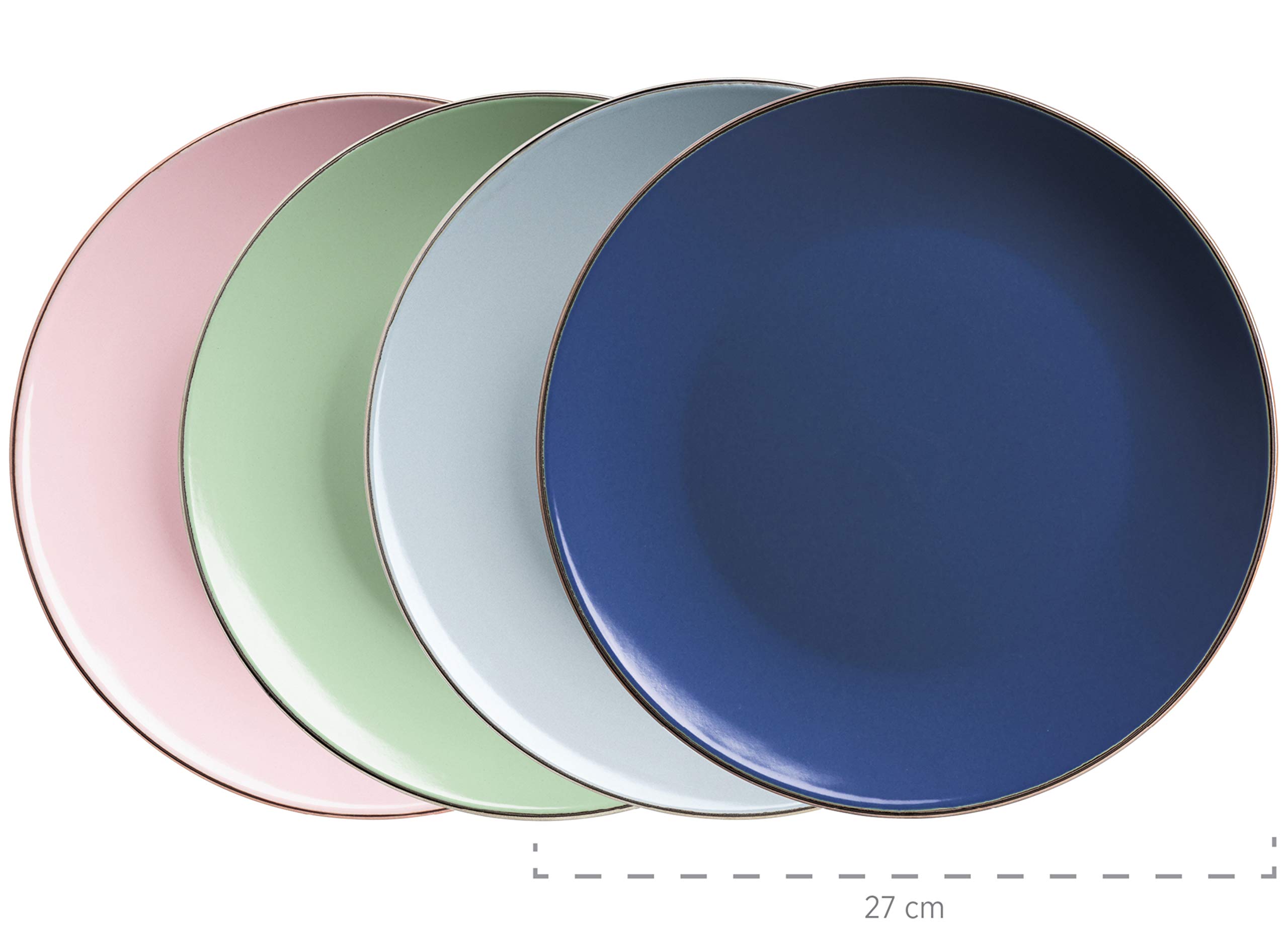 MÄSER 931870 Metallic Rim, Modernes Geschirr Set für 4 Personen mit messingfarbenem Rand, 16-teiliges Kombiservice mit randlosen Coupe-Formen, bunt, Steinzeug, pastell'n'blue