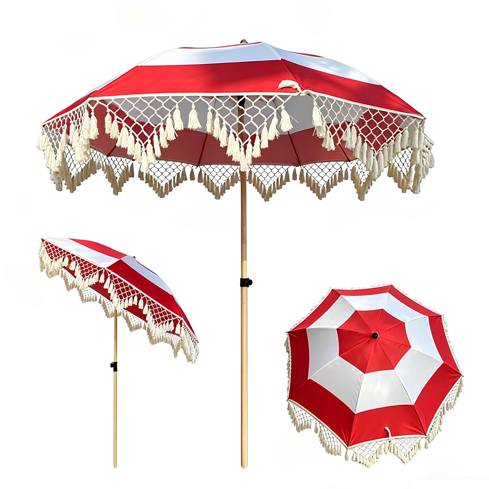 XUQQU 200CM/6.6FT Boho Patio Umbrella with Fringe, UPF 50+ Outdoor Parasol, 8 Iron Ribs Push Button Tilt, Tassel Canopy Waterproof Fade Resistant, Striped Sun Shade for Beach Garden Wedding(Red)