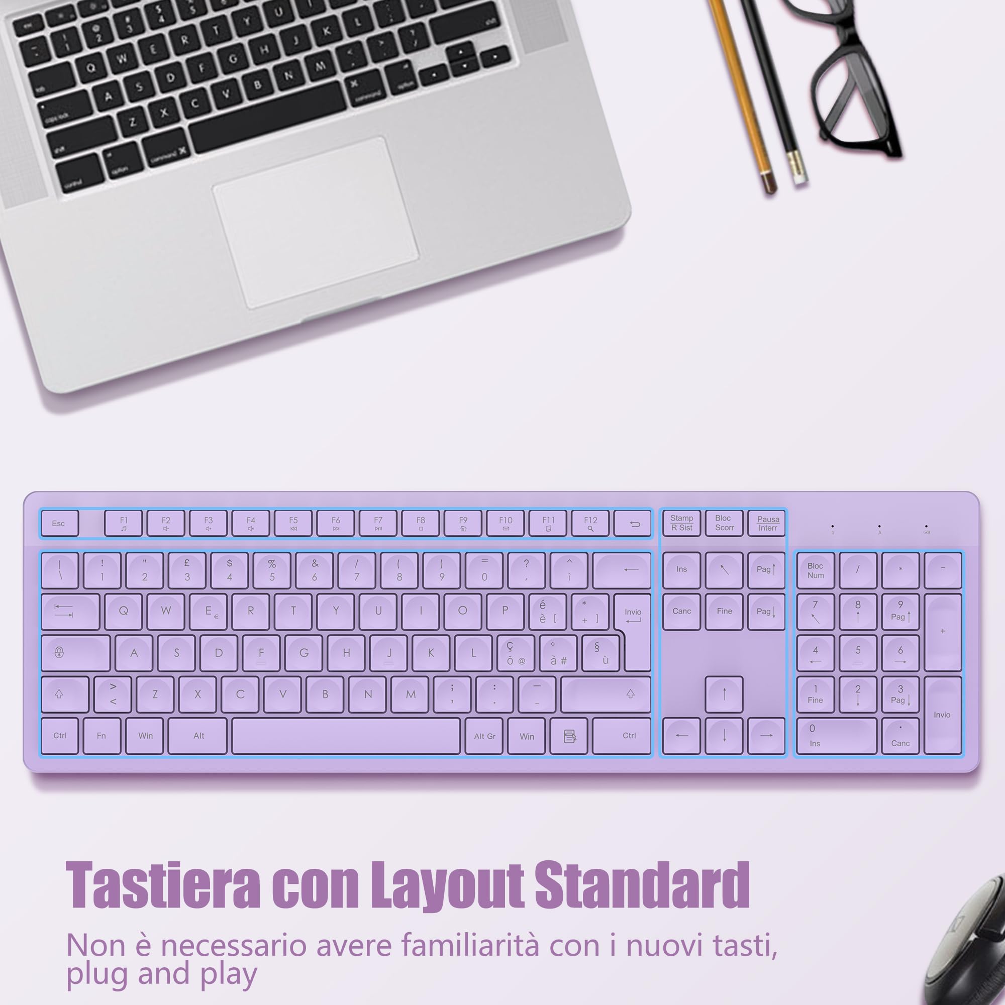 LeadsaiL Tastiera Wireless, Wireless Keyboard Full Size, Italiano QWERTY Layout Ergonomico USB 2.4Ghz con Tastierino Numerico per PC, Laptop, Mac OS, Macbook Pro/Air, Windows-Lavender