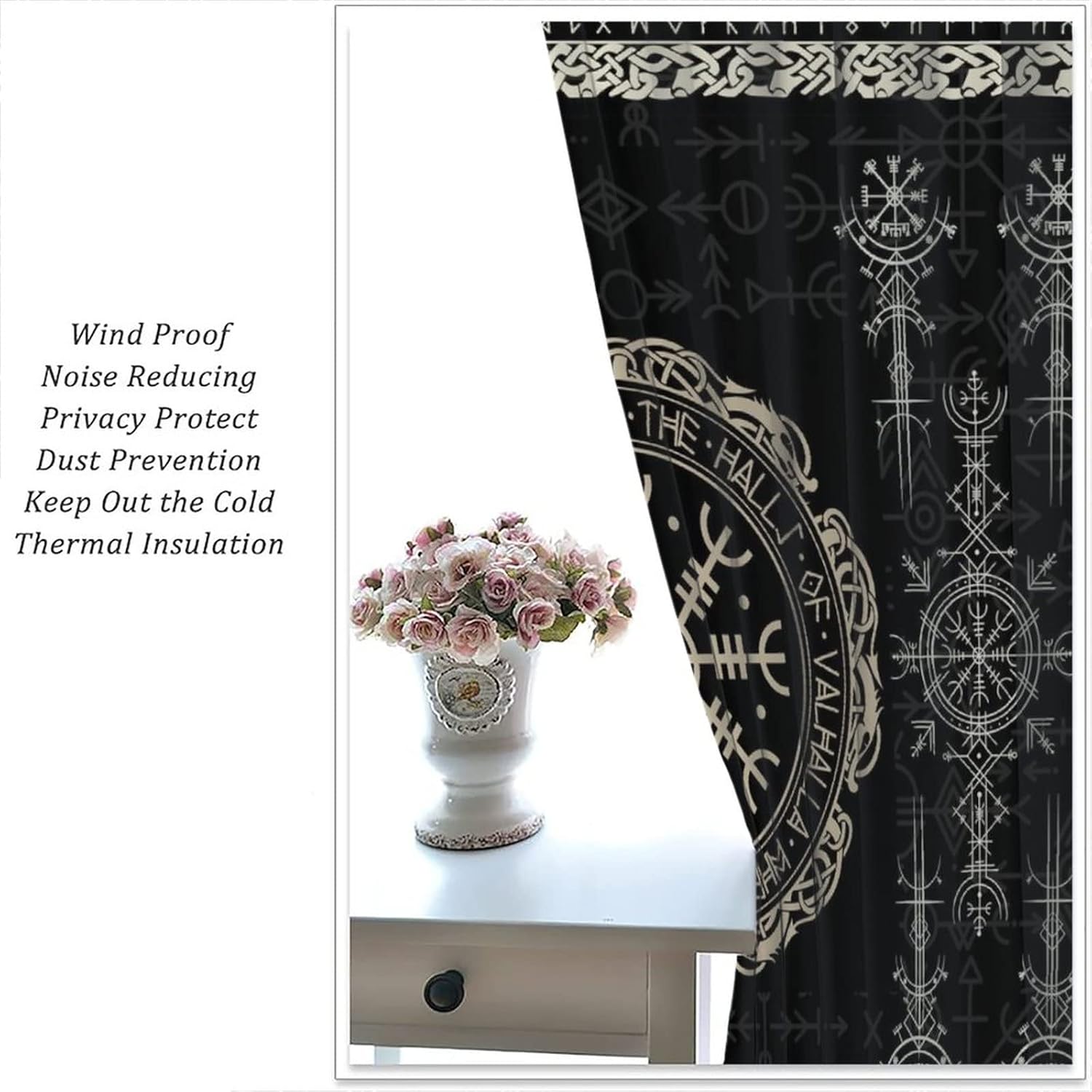Norse Vikings Print Blackout Curtains,Black Viking Magical Retro Compass Norse Mystical Symbol Window Drapes Rod Pocket Thermal Insulated Room Darkening Blackout Curtains 2 Panels 45L x 21W