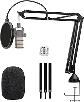 For Rode Podmic Stand - Mic Stand with Pop Filter, Mic Arm with Reduce Wind Noises Mic Cover and Cable Ties, Adjustable Scissor Boom Arm with 3/8" To 5/8" Adapter Compatible with Most Microphone