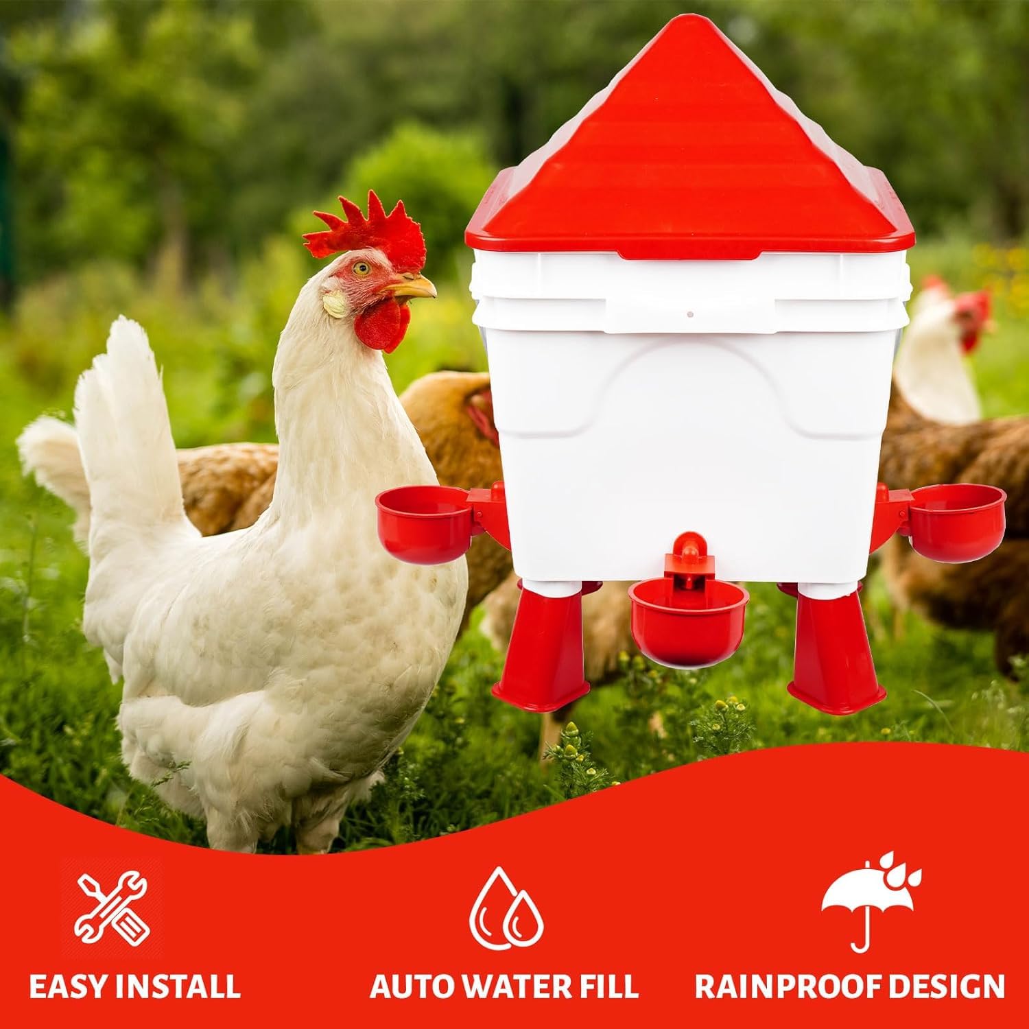 Set de Bebedero y Comedero para Gallinas 8KG/7L, Bebedero Gallinas Automatico, Comedero Gallinas Antipajaros con 4 Aperturas 4 Tazas, con Pies Ajustables y Cadenas de Acero