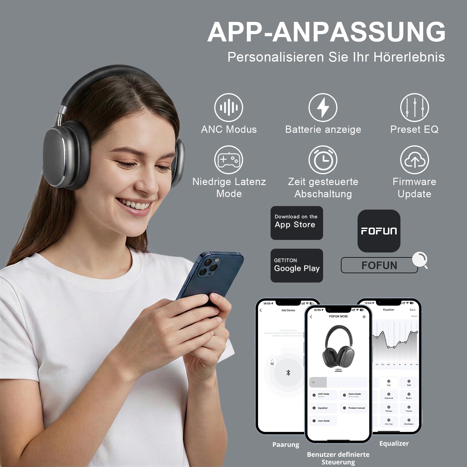NC95 Kopfhörer Kabellos Bluetooth 6.0,Hybrid Noise Cancelling Kopfhörer mit Drehknopf,120+ Stunden Spielzeit,EQ Personalisierung per App,Geeignet für Reisen und Training