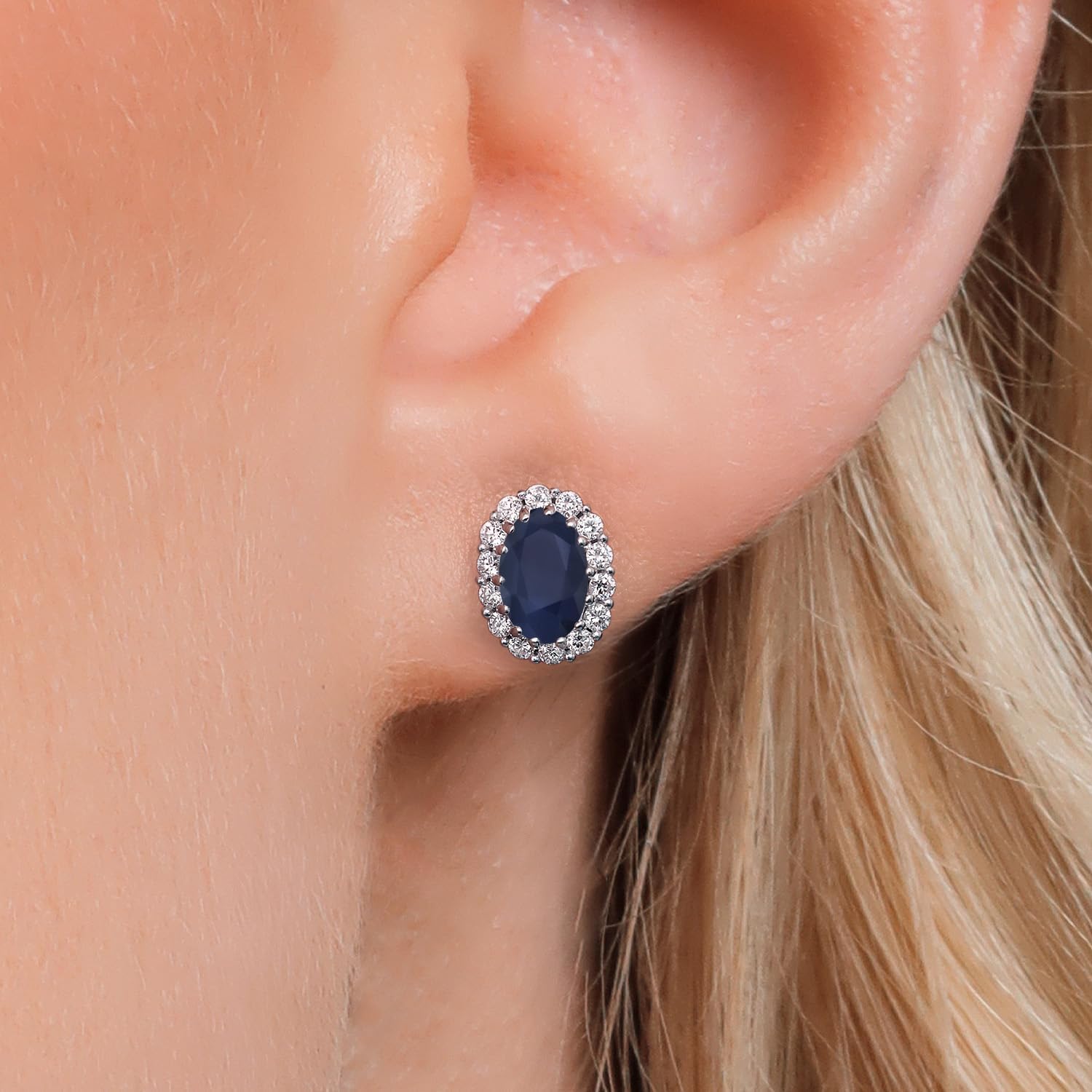 Gem Stone King 10K Solid Gold Post and Sterling Silver 6X4MM Oval Gemstone Birthstone and White Lab Grown Diamond Halo Earrings For Women - Image 3