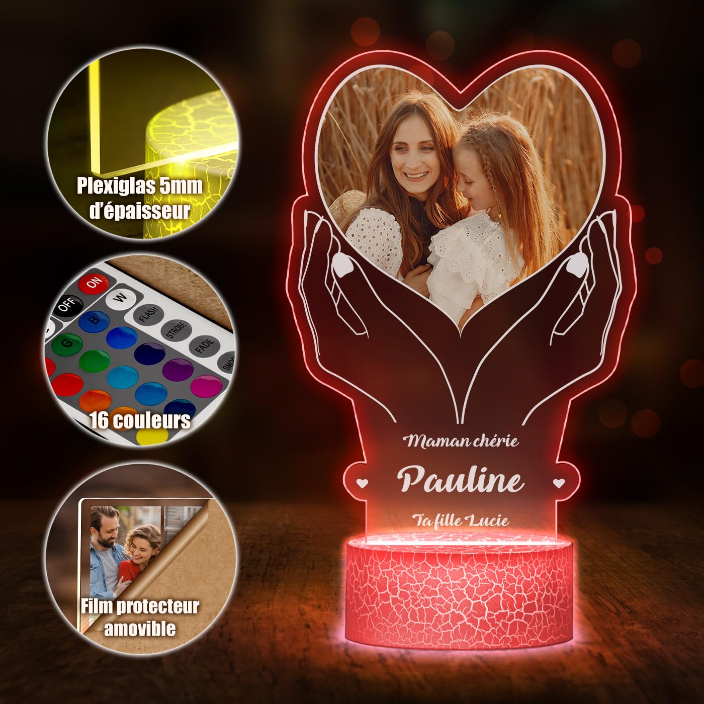 Maverton Lampe LED Personnalisée Pour Maman - Lampe Photo Personnalisé - Cadeau Personnalisé Fete des Meres - Cadeau Maman Anniversaire - Plaque Acrylique 22x15cm avec Socle Lumineux - coeur