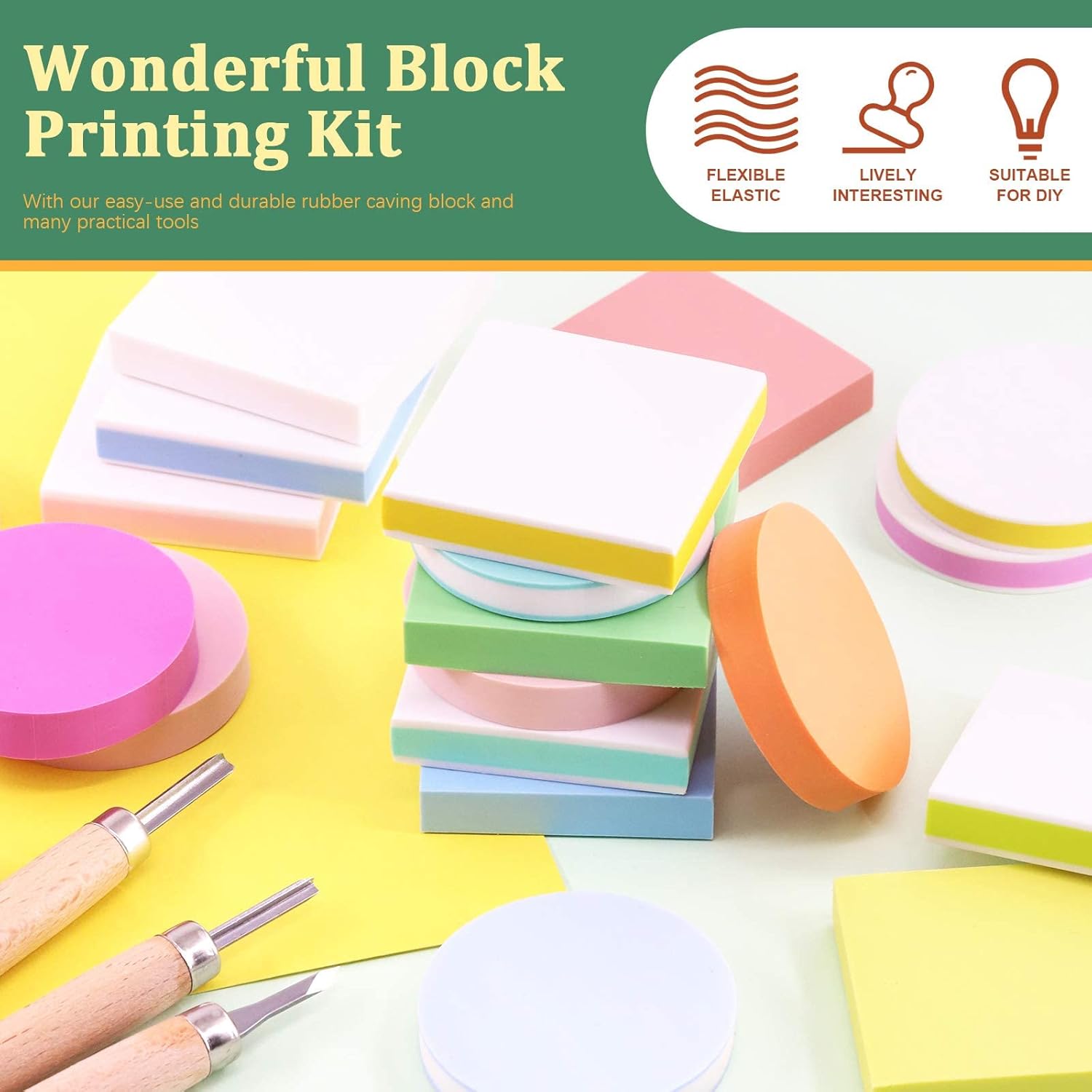 Keadic 65 Pieces Round & Square Rubber Stamp Making Block Printing Starter Tool Kit, Includes 2 Rubber Stamps Carving Blocks, 3 Carving Tools & Whetstone, Tracing Papers, Brayer Roller