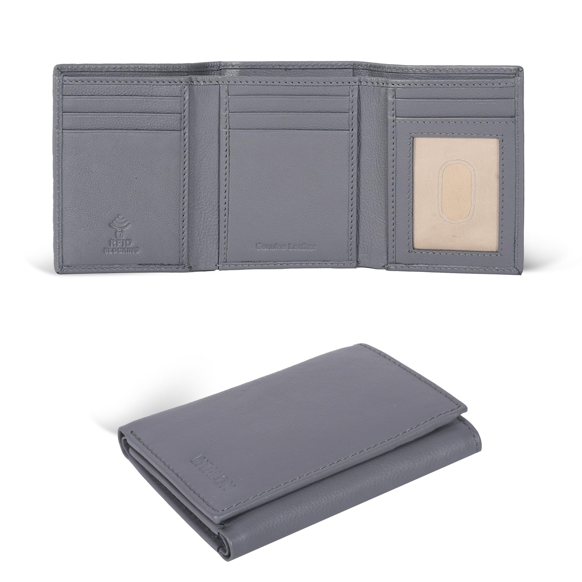 ESTALON Real Leather Trifold Wallet For Men-RFID Slim Tri Fold Wallets Minimalist 3 fold Credit Card Holder ID Window (Grey)