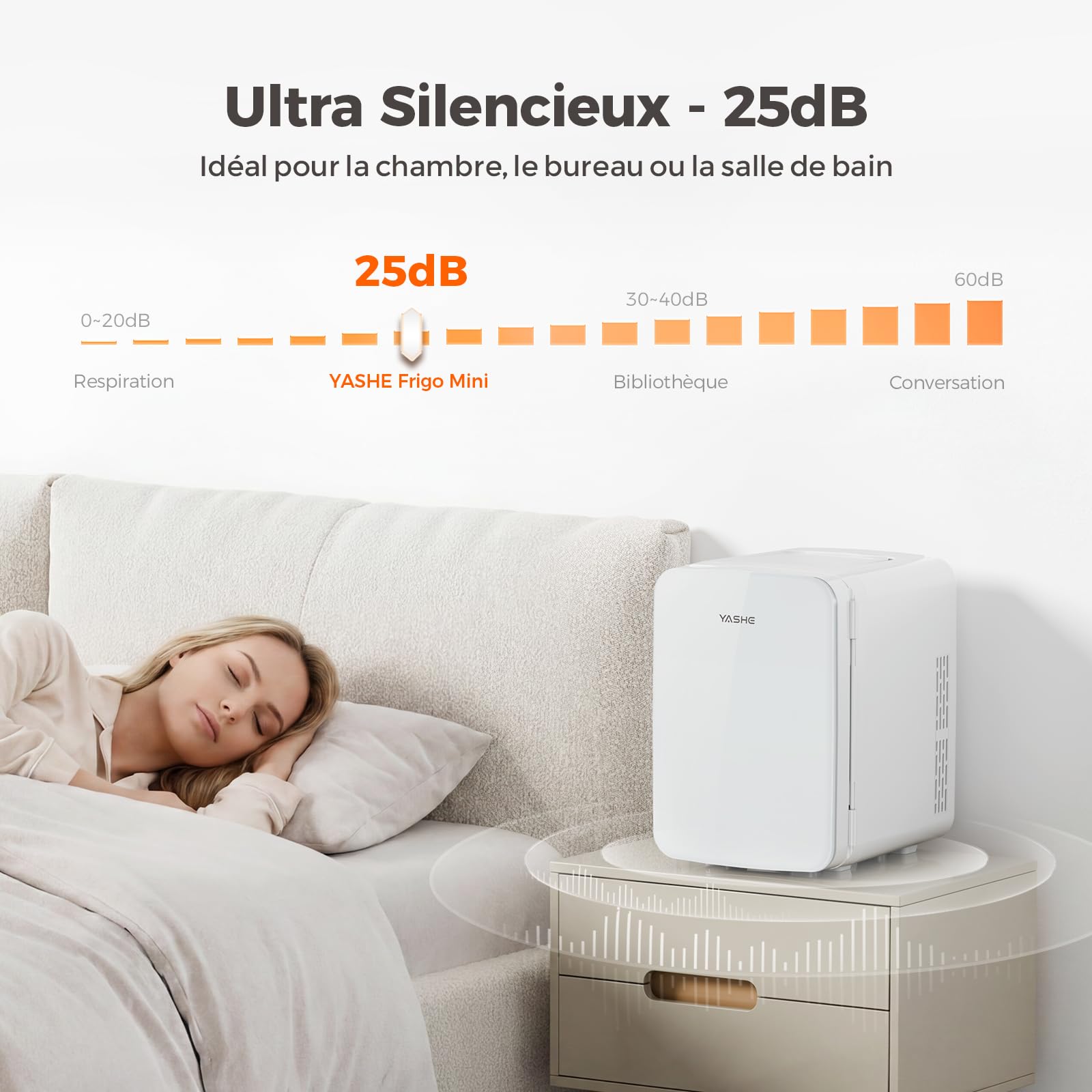 YASHE Mini Frigo de Chambre, Mini Frigo 10 Litres/ 12 Canettes, Fonction Chaud et Froid, Frigo Mini 220V CA/12V CC, Silencieux, pour Boissons, Cosmetique, Bureau, Dortoir, Voiture, Blanc