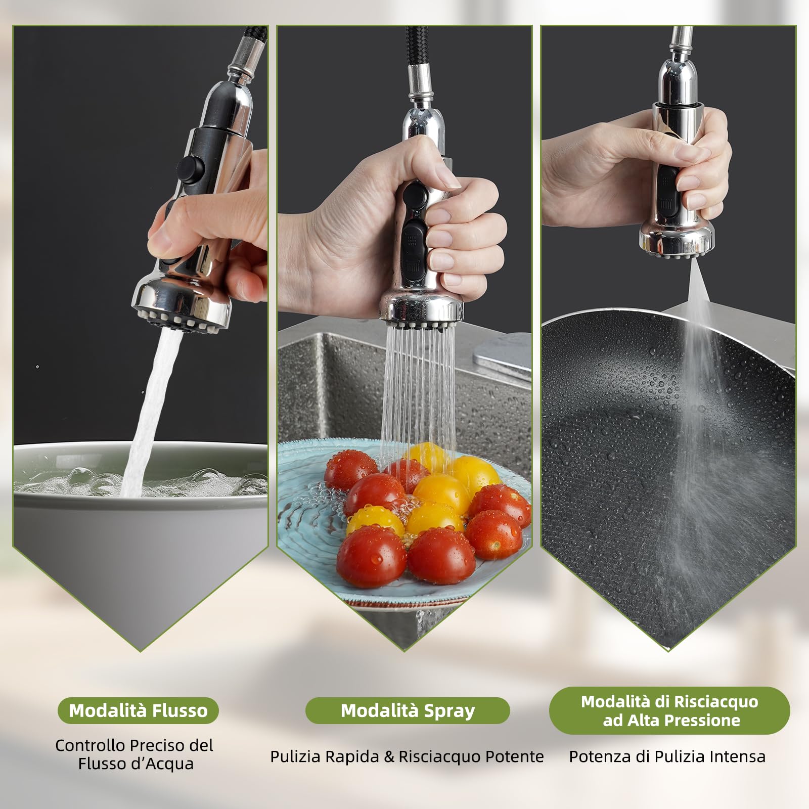Hibbent 3 Funzioni Rubinetto Doccetta Estraibile in Acciaio Inossidabile Puro, Testina di Ricambio per Lavello Cucina Universale G1/2, Rubinetto Multifunzione a 360° Girevole, Cromo.