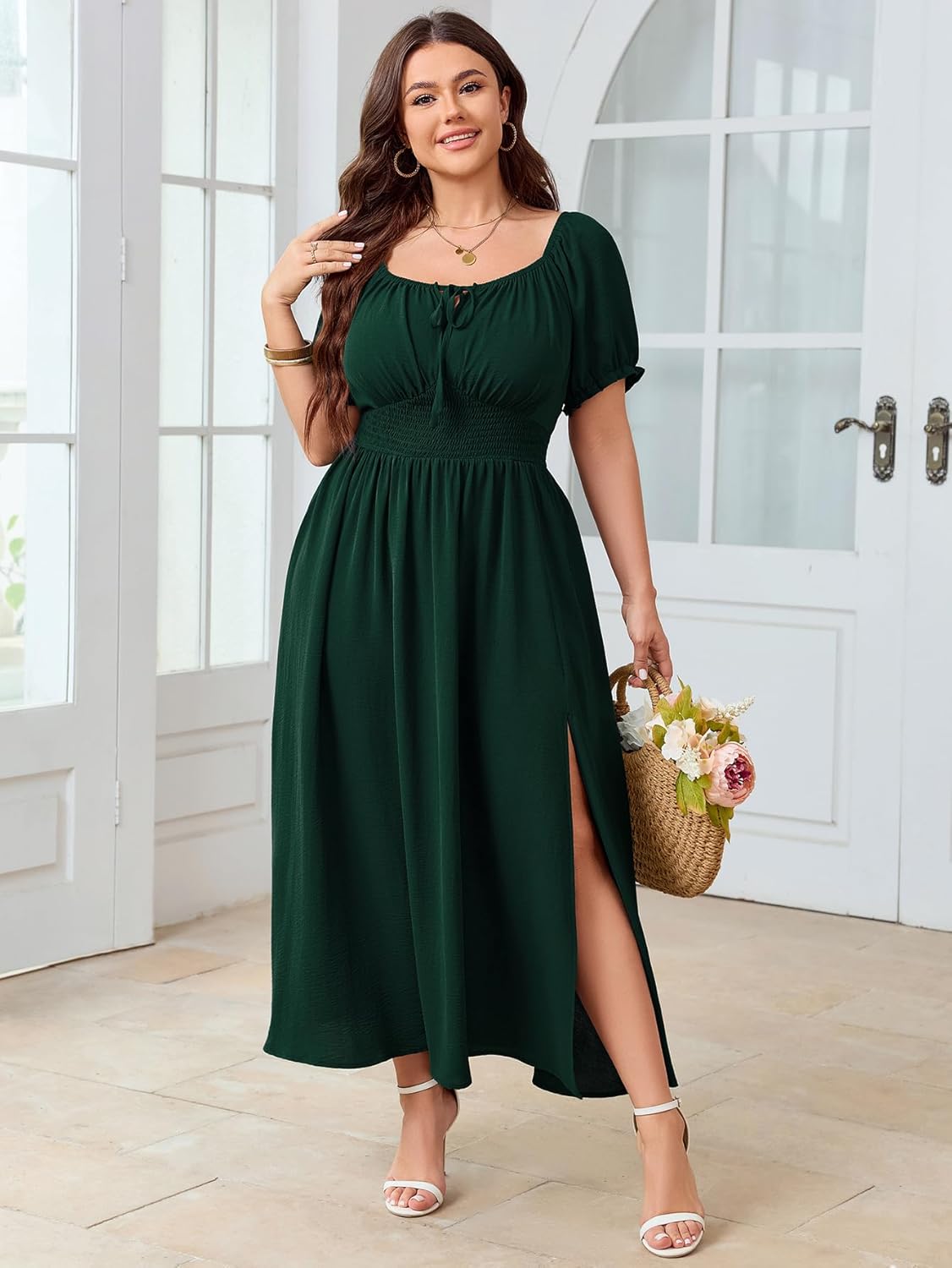 Women's Plus Size Maxi Dress Short Sleeve Smocked Square Neck Tie Front Split A-Line Flowy Long Dresses - Image 2