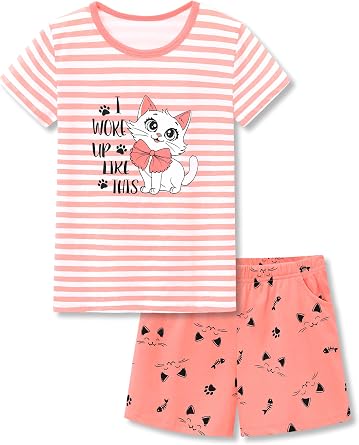 Tebbis Girls Short Sleeve Cupcake/Butterfly Pajamas Size 4T-18 | Premium Cotton Blend 2-Piece Crewneck PJs With Elastic Waist,Cute Print For Little & Big Girls,Comfy for Lounging & Sleeping