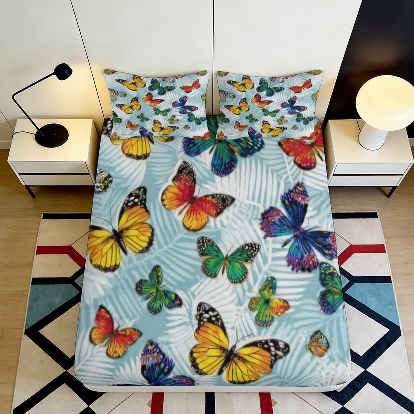 Uynsixtme Style-2 3D Printed Butterfly Pattern Fitted Sheet Microfiber Deep Pocket Full Wrap Bedroom Bedding Butterfly Mattress Fitted Cover Washable 90X200x25cm