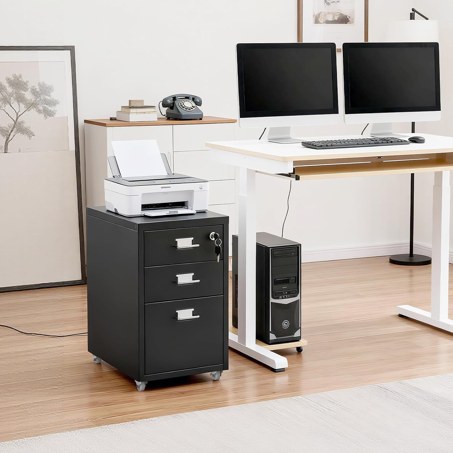 3 Drawer File Cabinet, Lockable Small Filing Cabinet for Home Office, with Wheels, Fits A4 / Letter Size, Steel Office File Cabinets (Black)