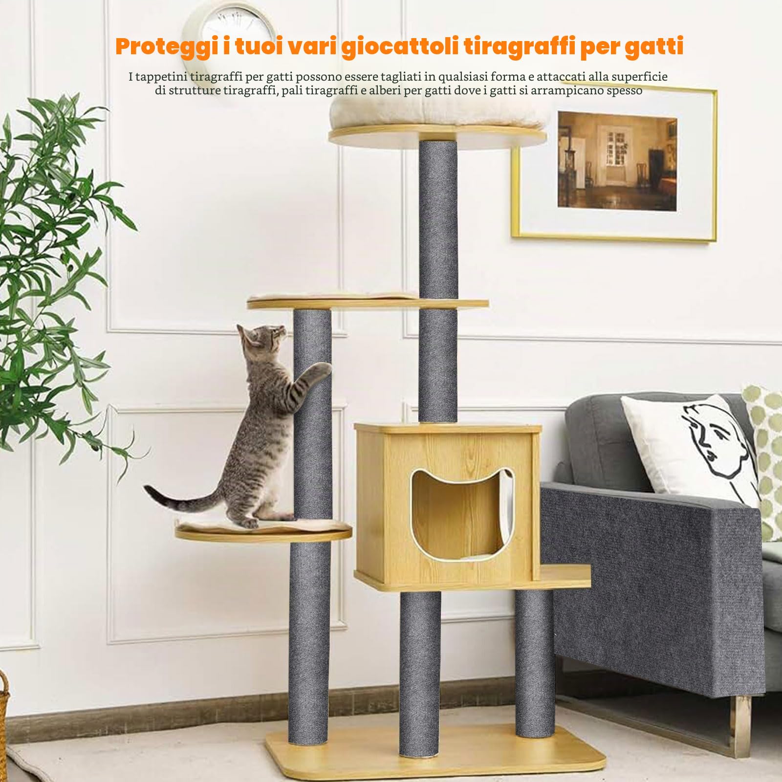 Tappeto Tiragraffi Per Gatti 300 * 40cm Autoadesivo Antigraffio Gatto Divano, DIY Climbing Cat Scratcher, Parete per Gatti Torre per Proteggere Tappeti Divani Grigio