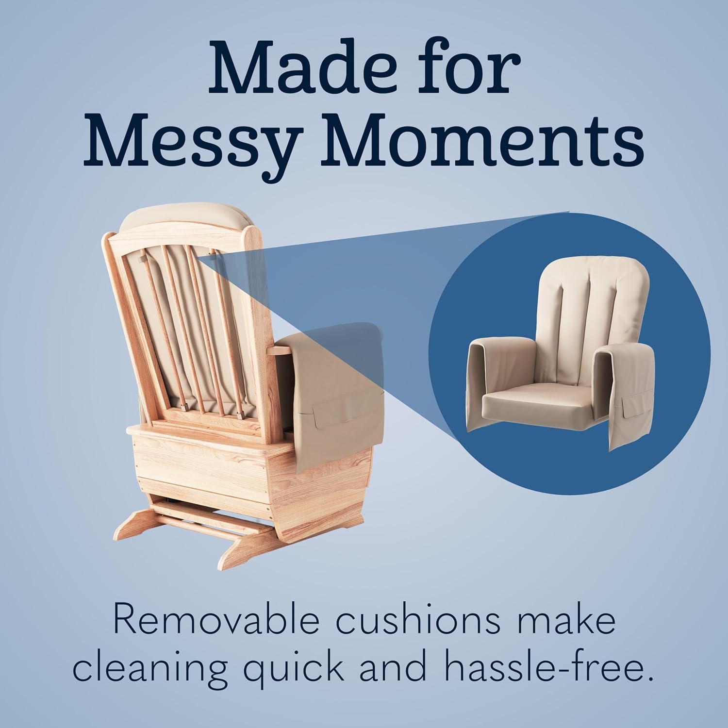 Foundations SafeRocker Glider Rocker Cushion Replacement Set, Durable Vinyl, Storage Pockets to Hold Baby Necessities, Easy-to-Clean and Wipe Down, Extra-Wide Seat (Tan)