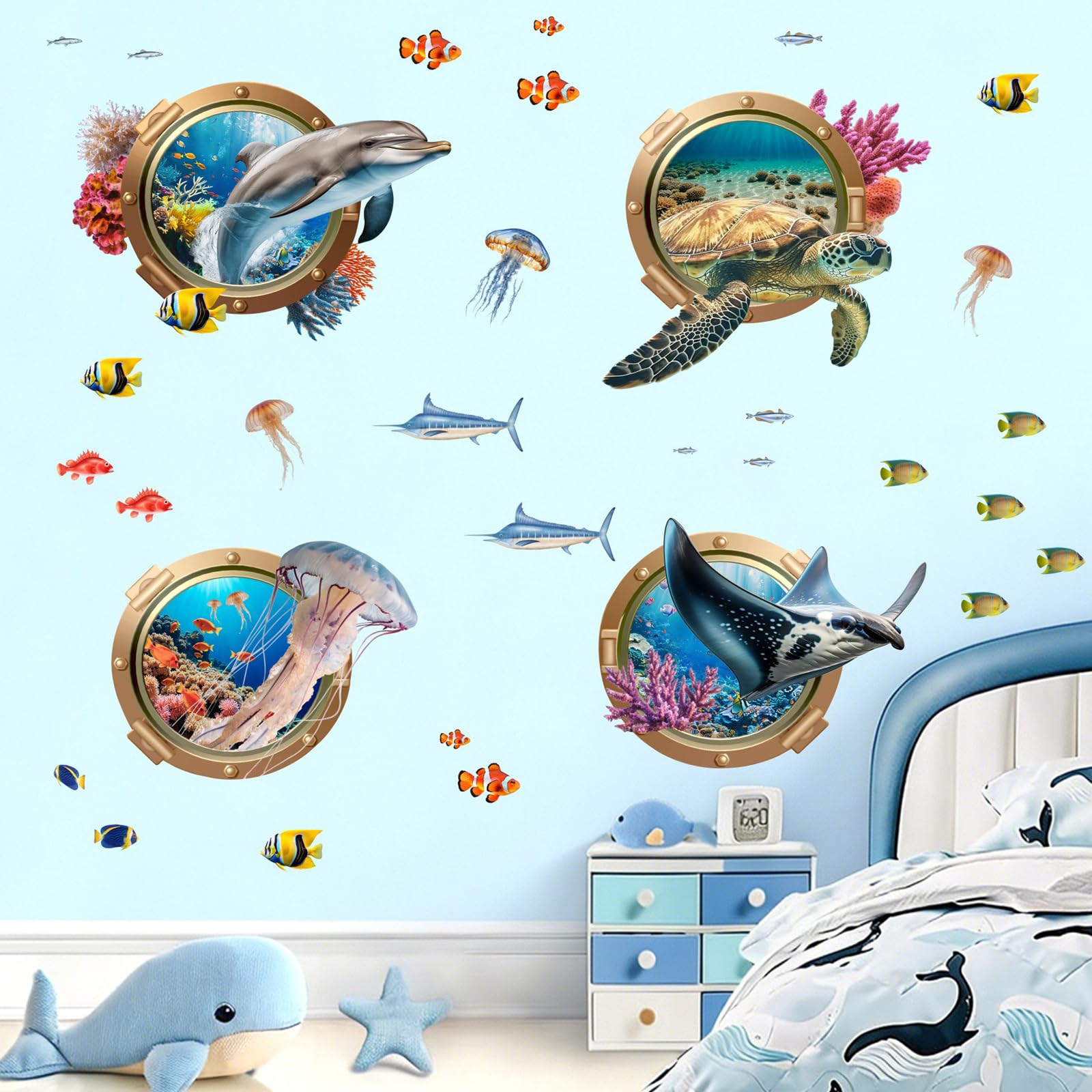 KAIRNE 3D Underwater Sea Animal Porthole Removable Kids Wall Decor Stickers