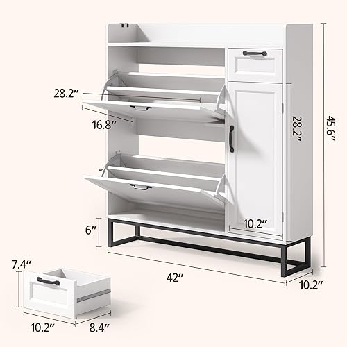 Miniatura 3 de Ahomly Zapatero blanco de 42 pulgadas, 2 cajones abatibles (ajustables), armario lateral, cajón de almacenamiento y parte superior abierta, ganchos