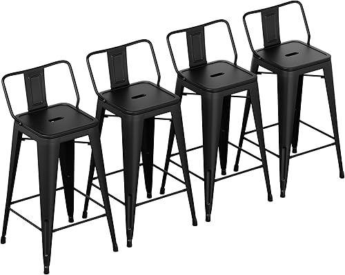 Yongchuang Juego de 4 taburetes de bar de metal, taburetes de bar negros de 26 pulgadas con respaldo de cocina, sillas de bar de altura para Negro