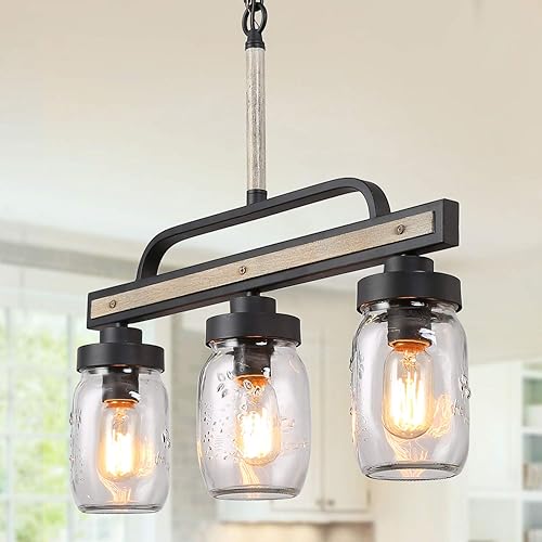 LOG BARN Candelabro rústico de tarro de masón, acabado de metal con iluminación de granja, colgante de cristal para comedor, isla de cocina