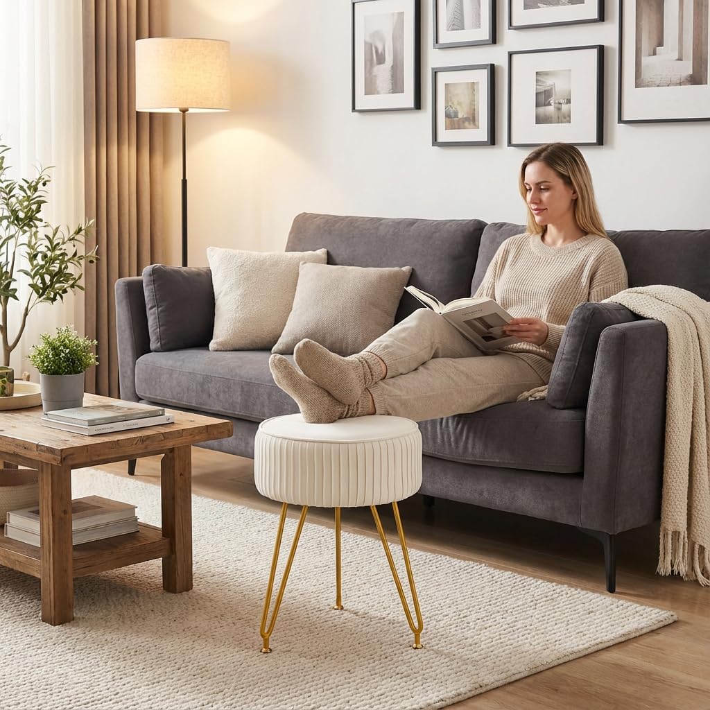 Velvet Vanity Stool, Modern Ottoman Foot Rest Stool with Adjustable Golden Legs, Makeup Chair for Vanity, Multifunctional Small Vanity Chair for Bedroom, Beige - Image 8