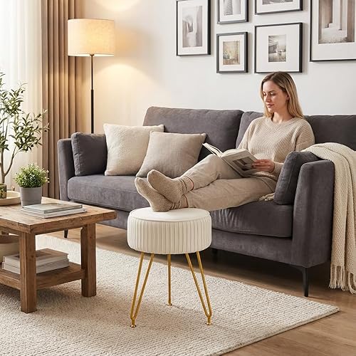 Miniatura 8 de Taburete de tocador de terciopelo, moderno taburete otomano con patas doradas ajustables, silla de maquillaje para tocador, silla de tocador pequeña