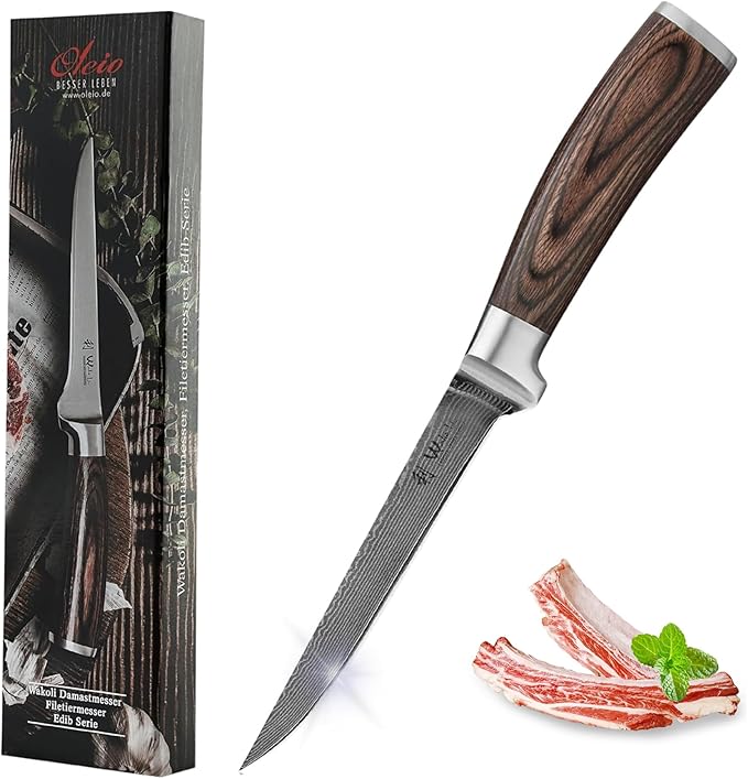 Wakoli EDIB Ausbeinmesser aus echtem Damaststahl (VG10 Kern) mit 14,5 cm Klinge – Scharf und ergonomisch – Damastmesser mit Pakkaholzgriff in Geschenkbox – Damast Filetiermesser für Fisch & Fleisch