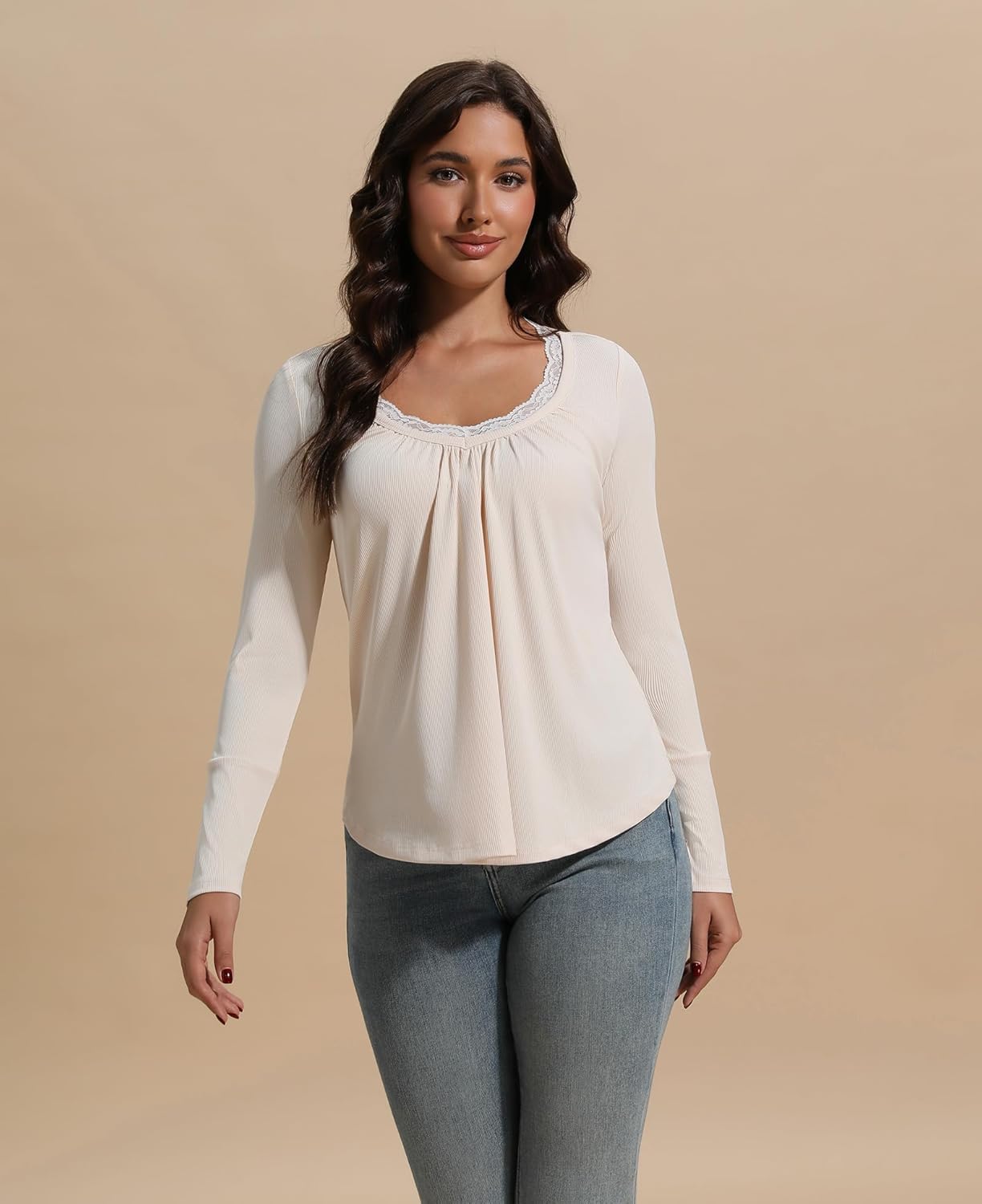 Susclude Lace Long Sleeve Shirts for Women V Neck T Shirt Casual Fall Comfy Pleated Basic Trendy Womens Tunic Tops 2025 - Image 6