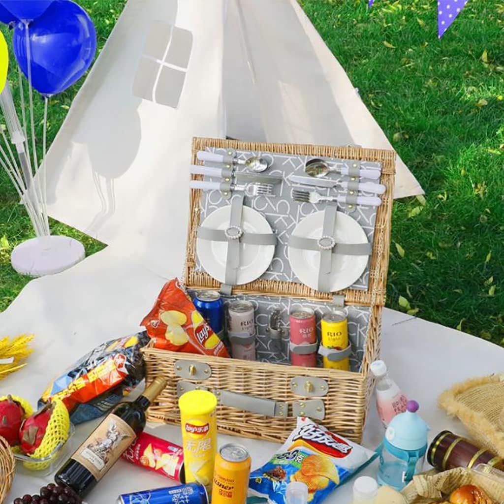 4 Person Picnic Baskets - Luxury Wicker Picnicr Basket Sets -Premium Set with Flatware,Plates,Salt & Pepper Shakers,Wine Glasses and Bottle Opener,for Camping Outdoor Party (D 46x20x33cm)