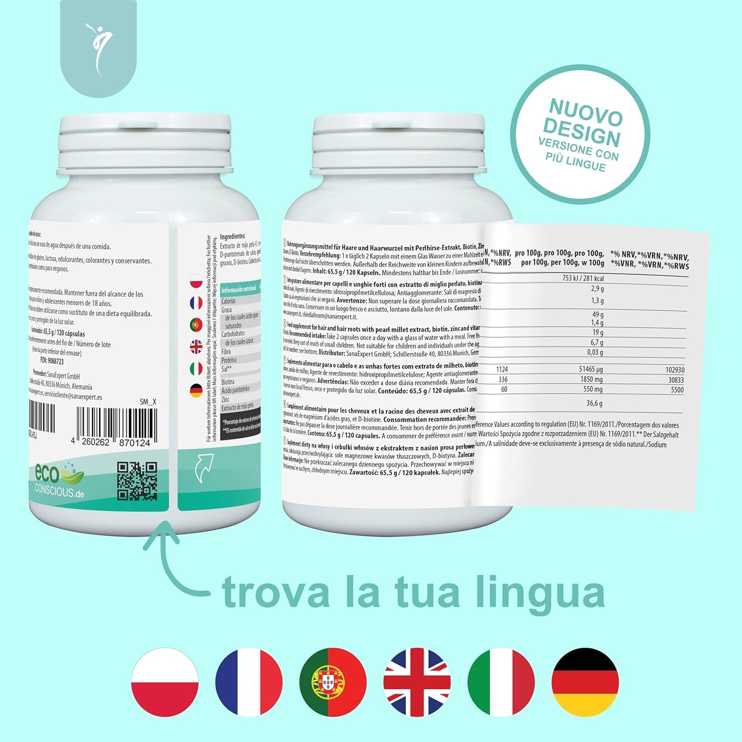 SanaExpert Haar Forte - Integratore per Capelli e Unghie - Con Biotina, Zinco, Miglio Perlato e Selenio - 120 Capsule Vegane - Prodotto in Germania