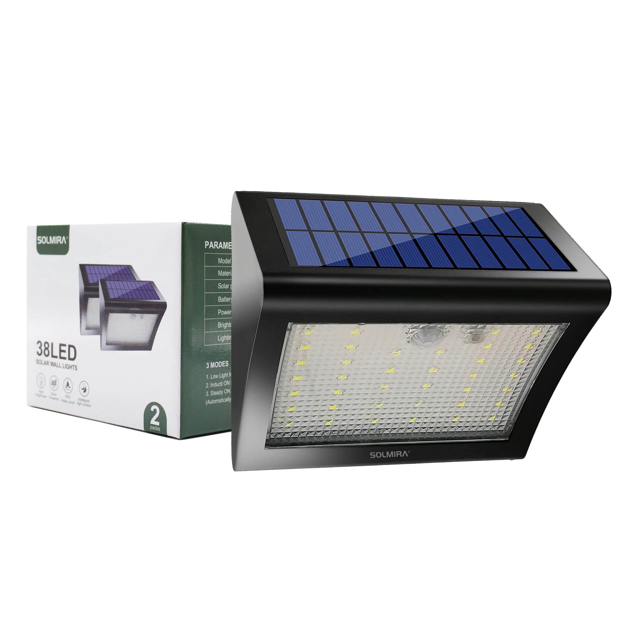 SOLMIRAOutdoor Solar Lights, Pack of 2 38 LED Wall Lights, 3 Modes, CE and RoHS Certificate