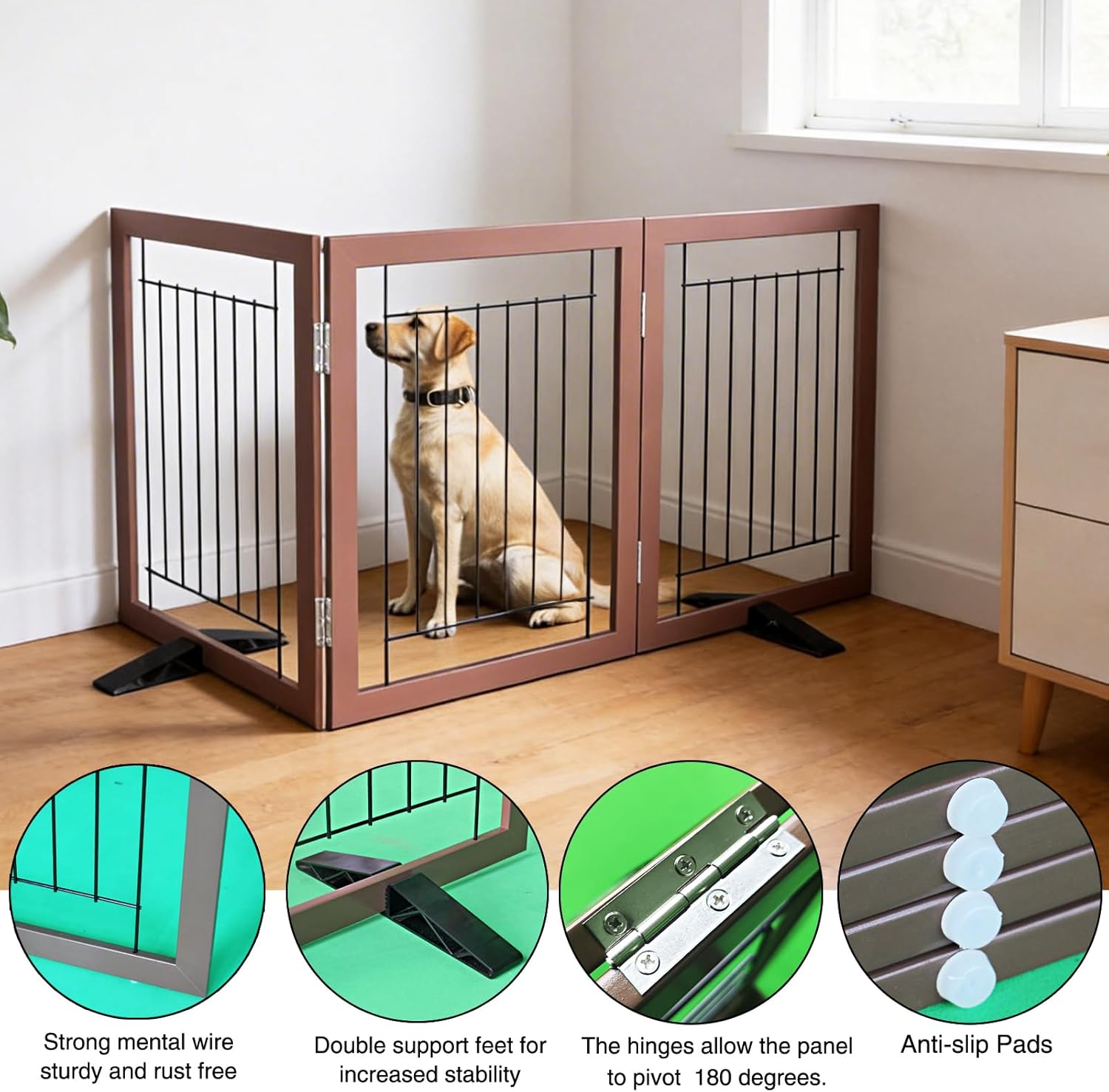 ZJSF Freestanding Dog Gate Indoor, Foldable Dog Fence for Doorways,Hallways or Stairs, Sturdy Wood Extra Wide Pet Gate with Support Feet,Brown,32 "Height-3 Panels