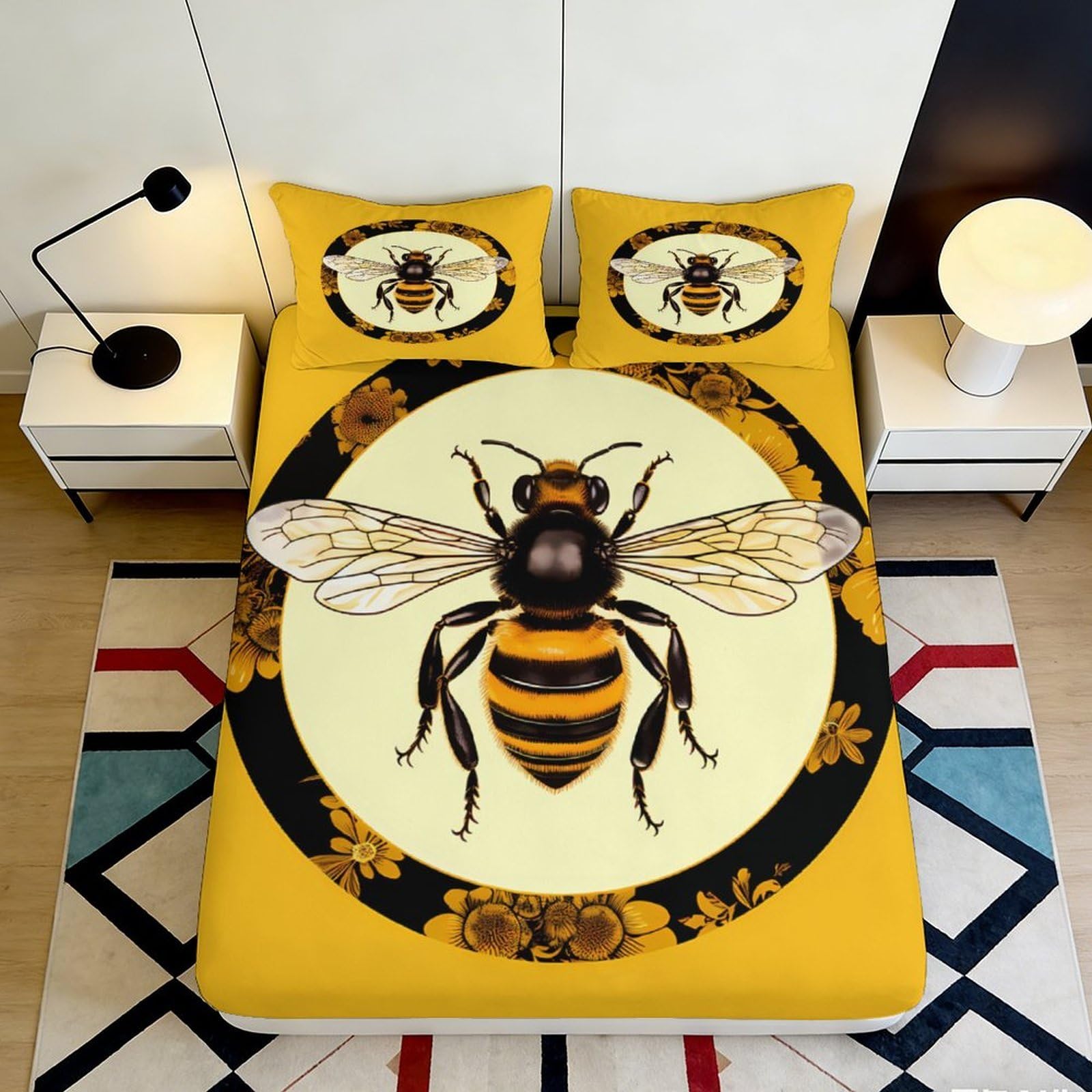 3D Printed Honey Bee Fitted Sheet Microfiber Yellow Floral Bed Cover for Bedroom Guest Room Mattress Decor 90x200x25cm