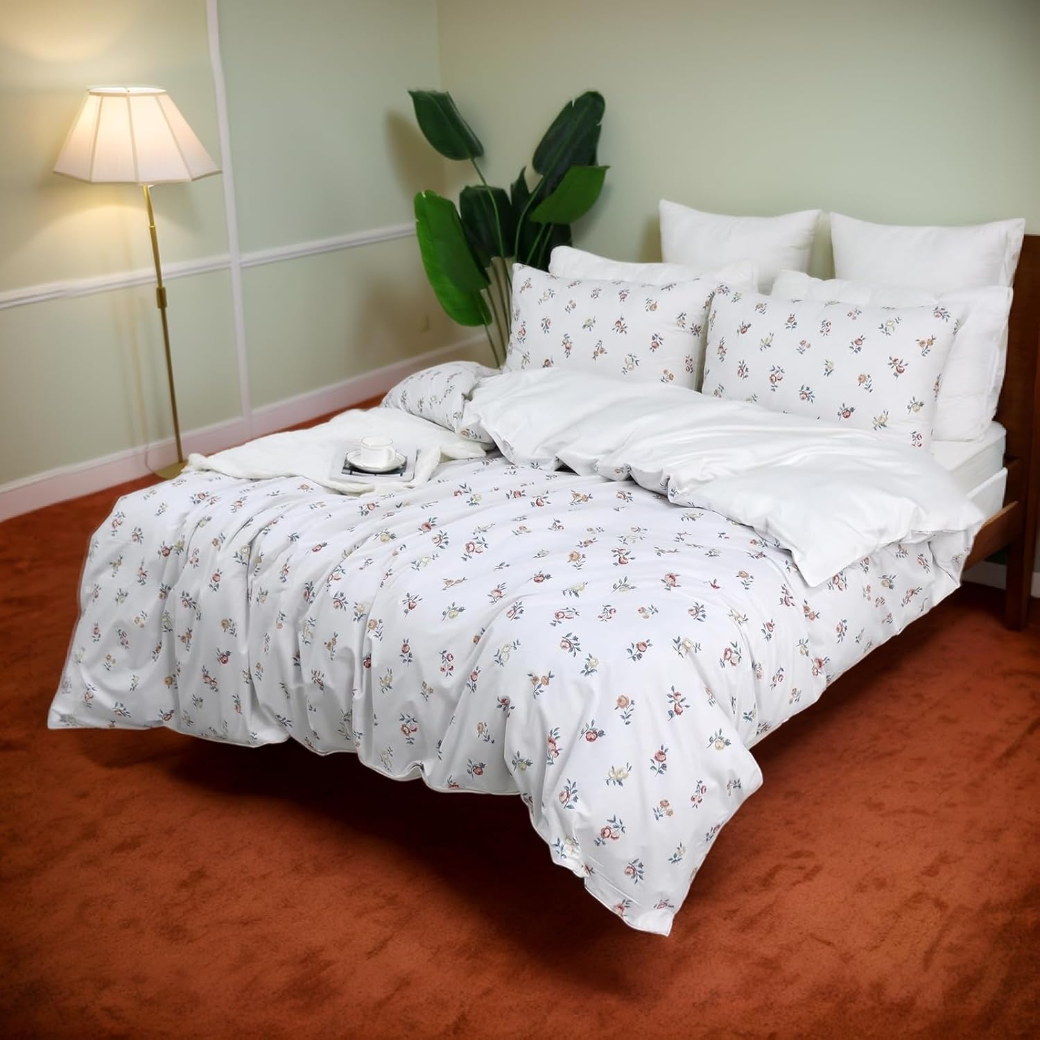 Lemfux Queen Size Duvet Cover Set 3-Piece, Cotton Crushed Flower Coquette Design | Soft White Garden Style Floral Bedding, 1 Queen Duvet Cover 90"x90" and 2 Standard Size White Pillowcases 20"x30"