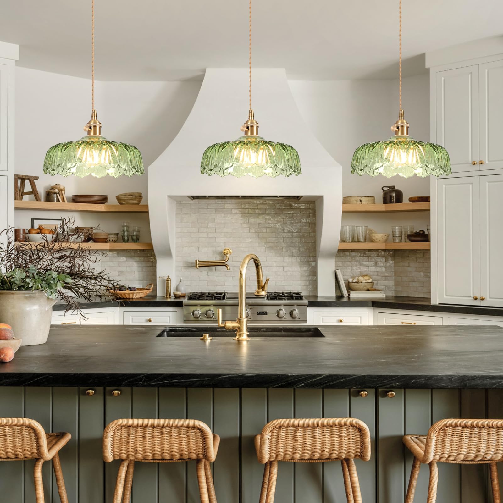 Lámpara colgante de cristal, lámpara de techo verde, E27 25 cm, lámparas colgantes de techo, lámpara de techo vintage, lámpara de araña para cocina, isla, dormitorio, pasillo, estudio