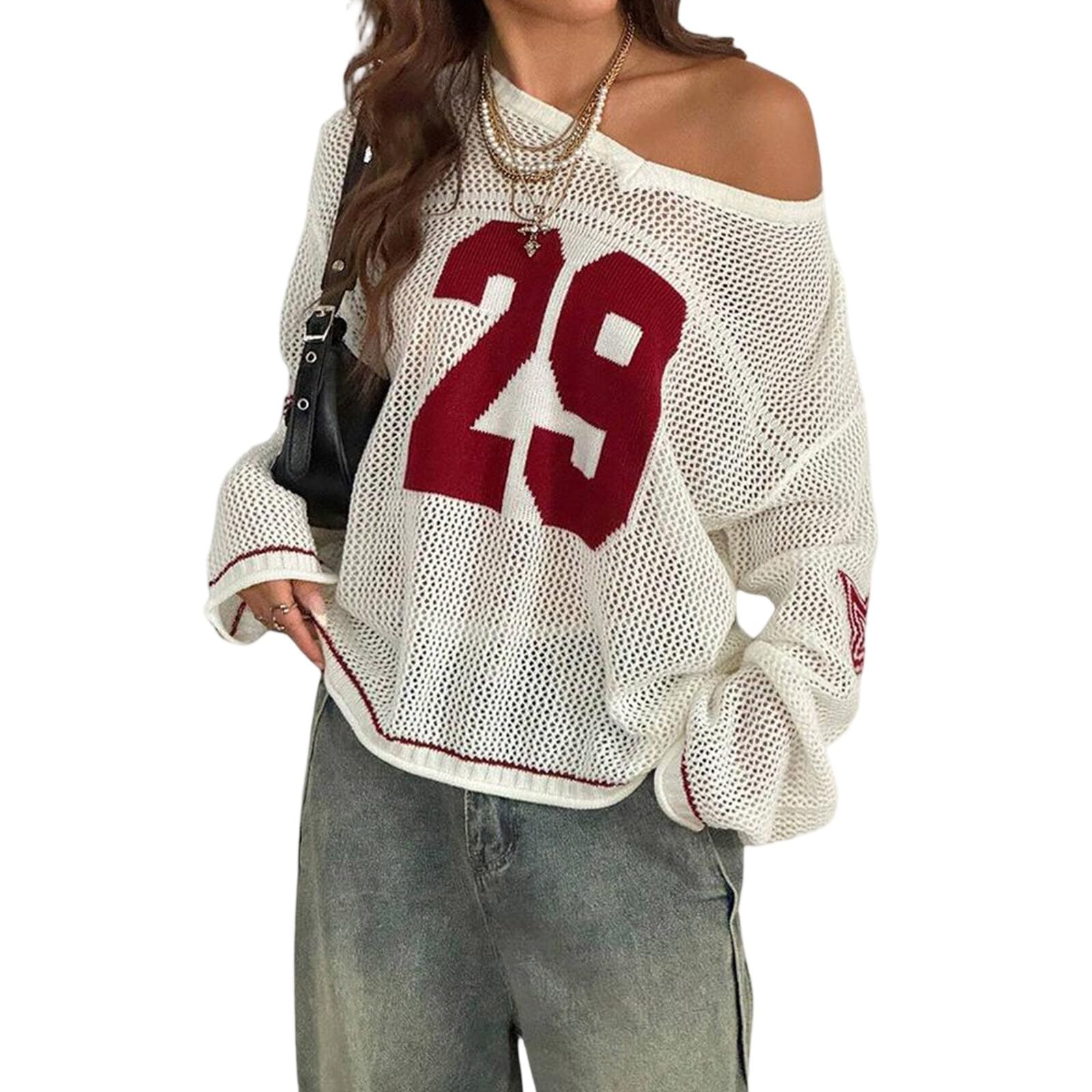 Generisch T-shirt d'été surdimensionné pour femme - En jersey - Épaules dénudées - Pour femme - Numéro graphique - Y2k - E-Girl - Sortir en jersey
