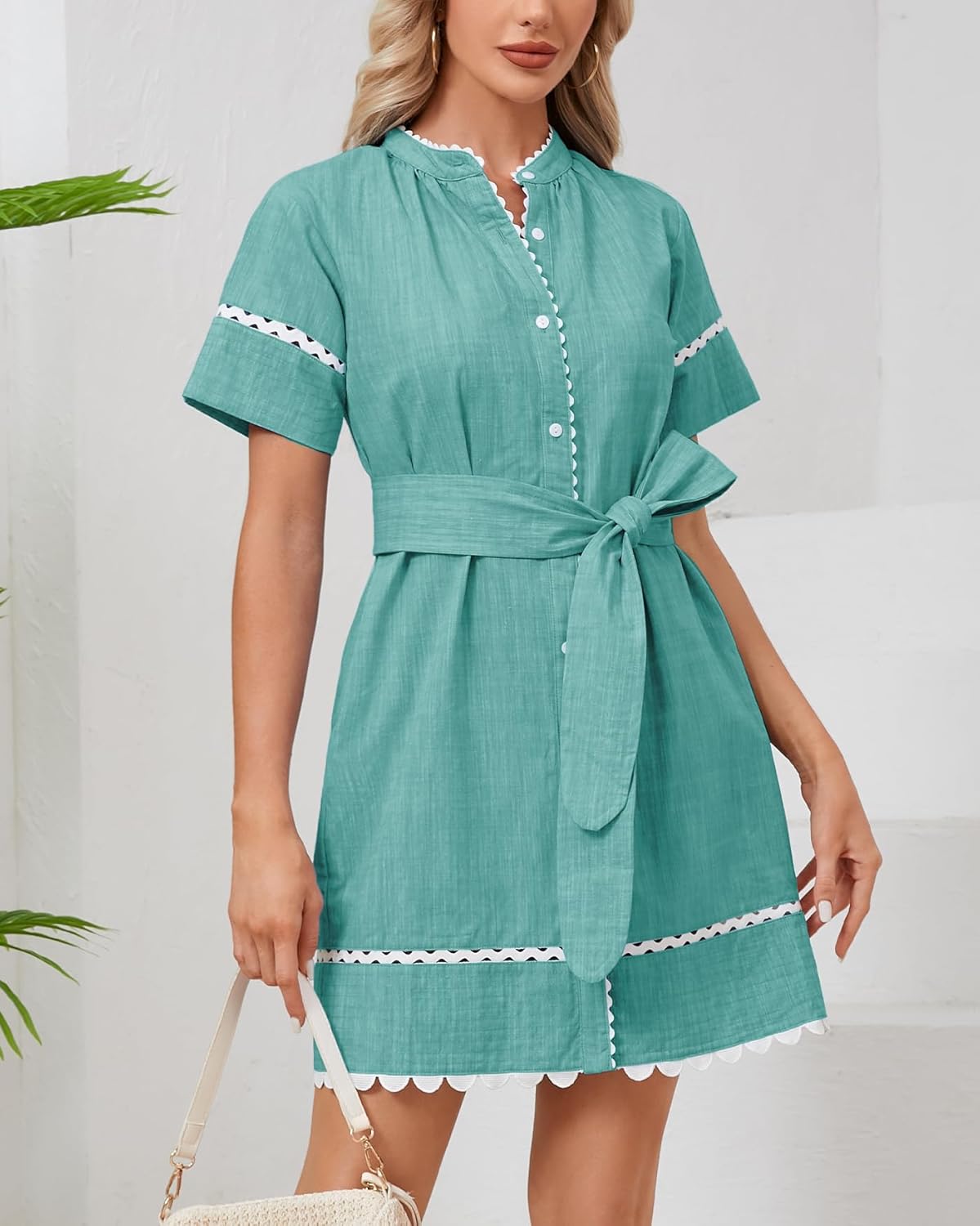 Women's Short Sleeve Summer Shirt Dress Button Down Belted Tunic Mini Dresses RIC Rac Trim Sundress with Pockets - Image 8