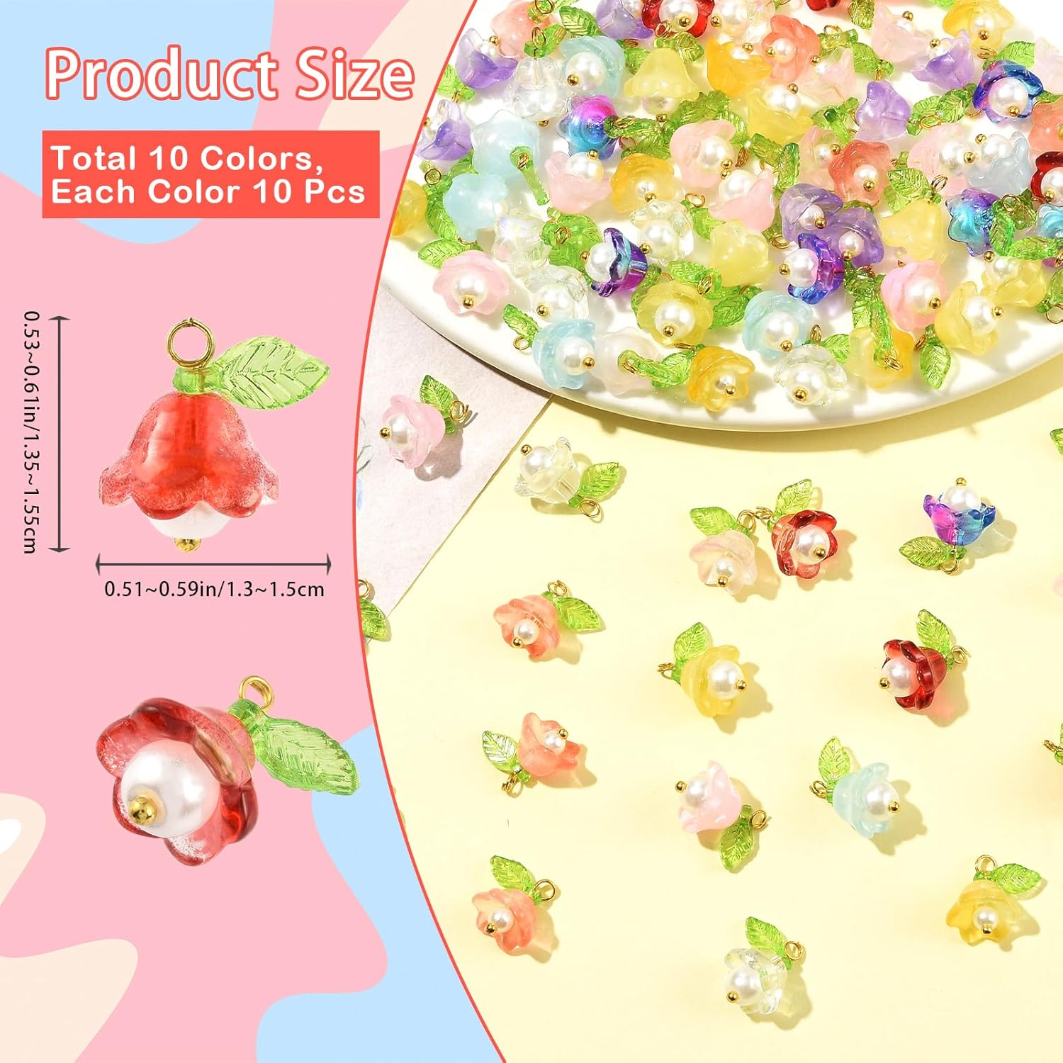 100Pcs Flower Charms for Jewelry Making Bulk Small Cute Glass Acrylic Pearl Charms 10 Colors Floral Pendants with Leaf Beads for Necklace Bracelet Earrings Keychain DIY Supplies - Image 2