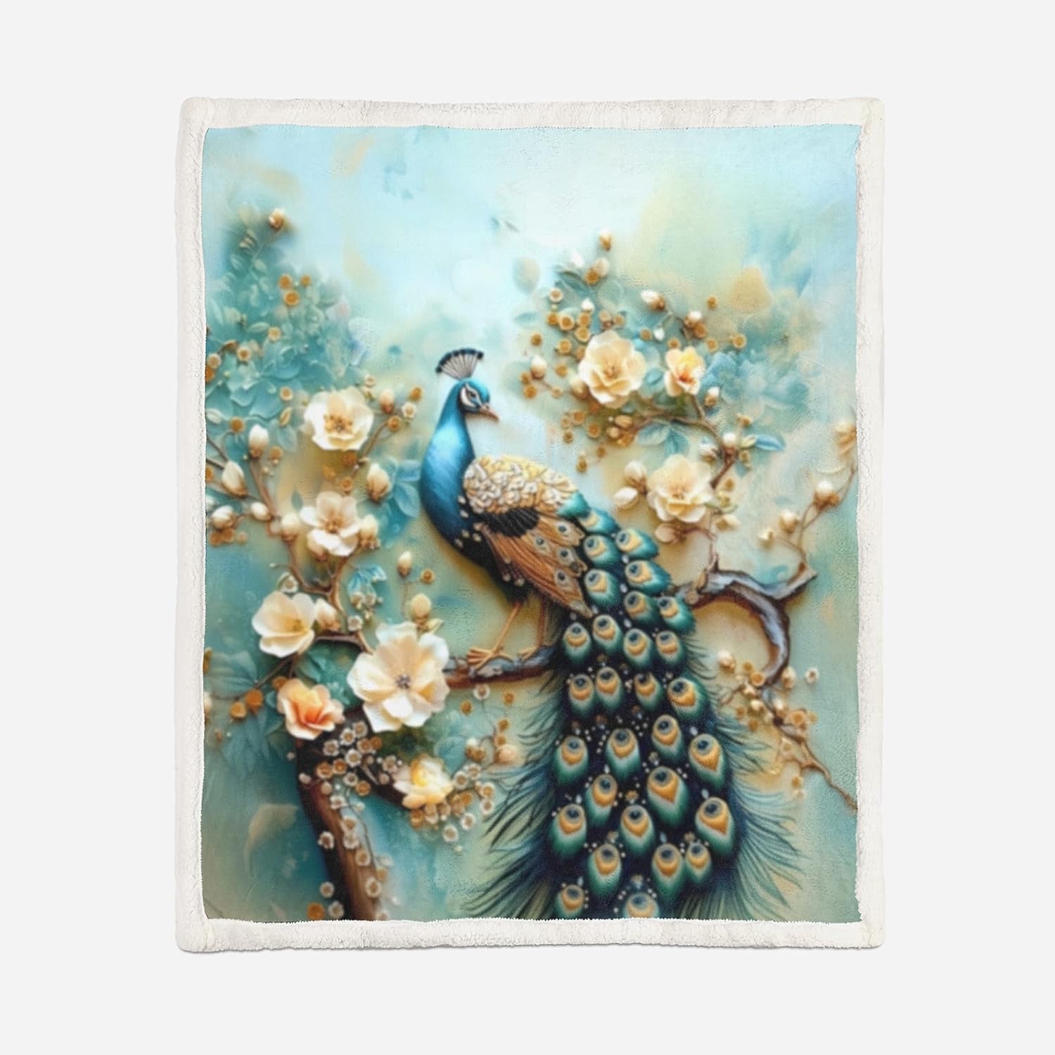 AILONEN Beautiful Green Peacock Sherpa Fleece Throw Blanket for Kids Girls Gifts,Peacock Feather Printed Sherpa Blankets,Elegant Birds Flower Soft Cozy Blankets for Bed Sofa, 59 x 47 Inches