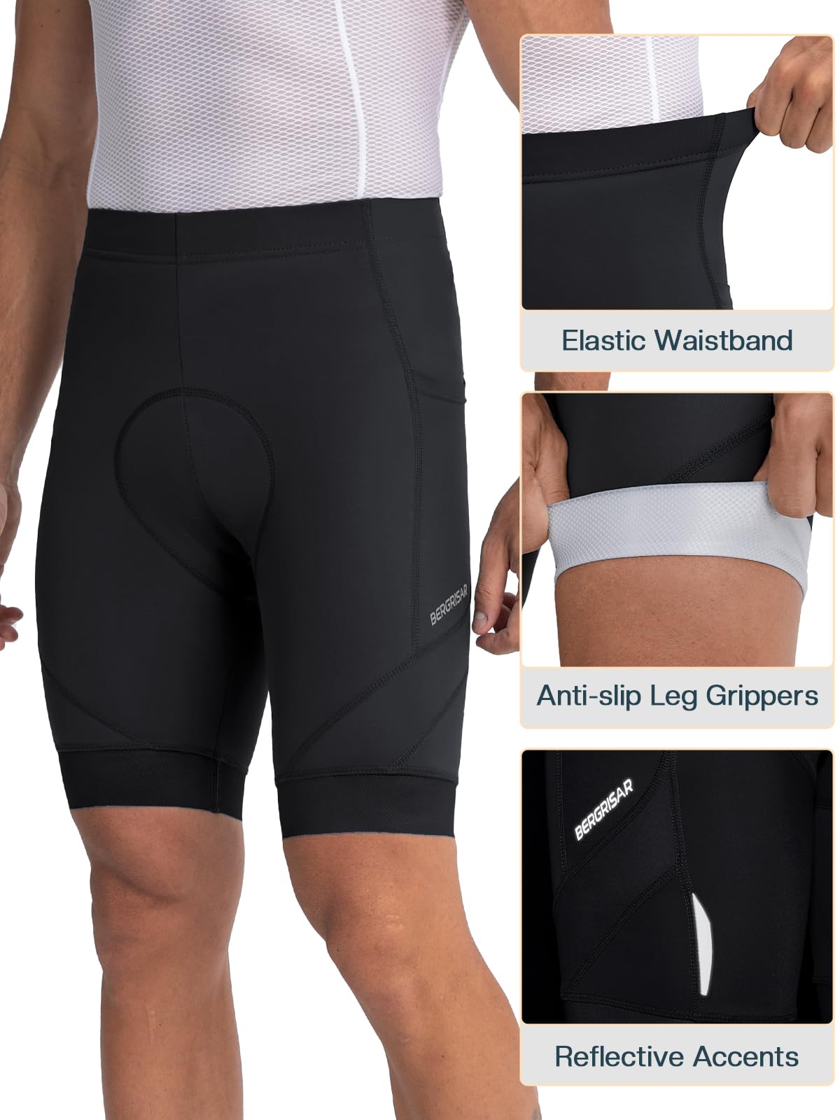 BERGRISAR Pantaloncini da ciclismo imbottiti 4D da uomo, con tasca con cerniera