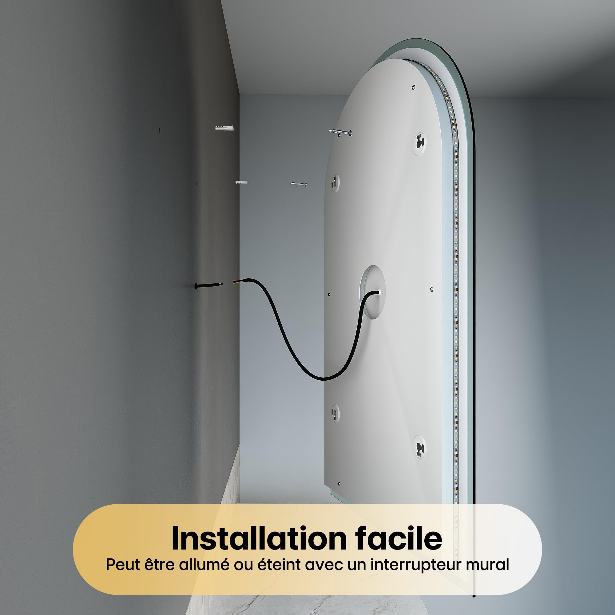 SIRHONA Miroir Salle de Bain Arquée 90x50cm, Dimmable, 3 Couleurs Légères, Anti-buée, Mémoire, IP44, Douille, Mirroir Lumineux Salle de Bain, Horizontal/Vertical