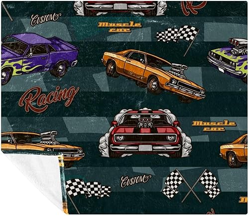 Muscle Cars Racing Checkered Flags Prints Soft Cozy Throw Blanket for Adult and Kids, Lightweight Microfiber Fleece Blanket for Couch Bed Sofa