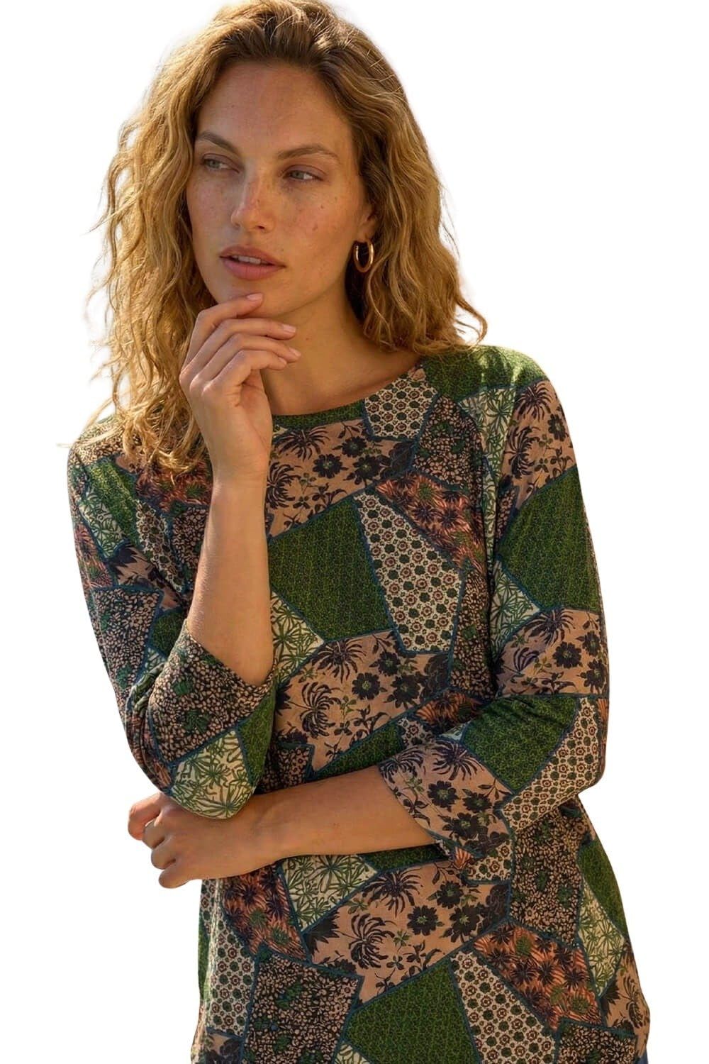 Roman Women's Green Floral Patchwork Stretch Top In | : Size 18