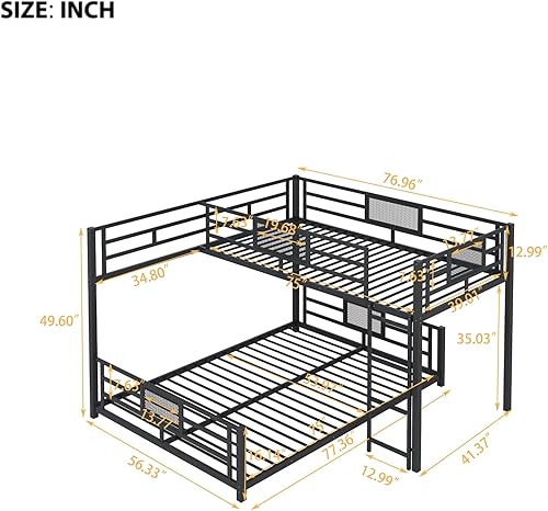Miniatura 45 de Litera en forma de L individual sobre cama matrimonial adjunta, litera triple de metal con escritorio y tobogán integrados, marco de literas de