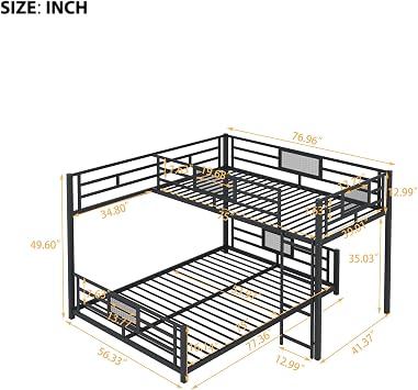 KLMM Elegant L-Shaped Metal Bunk Bed, Twin Over Full Size Bunk Bed with Ladders and Guardrails for Kids Teens Adults (Black#l)
