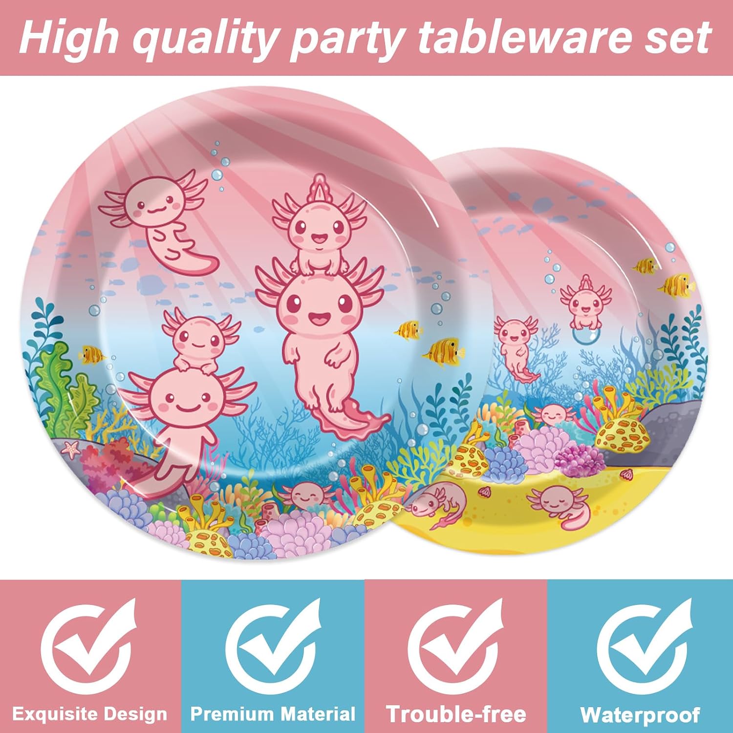200pcs Axolotl Plates and Napkins Party Decorations Reptile Animals Tableware Set Girl Axolotl Themed Paper Plate Supplies for Pink Axolotl Birthday Party Baby Shower Serves 50 Guests
