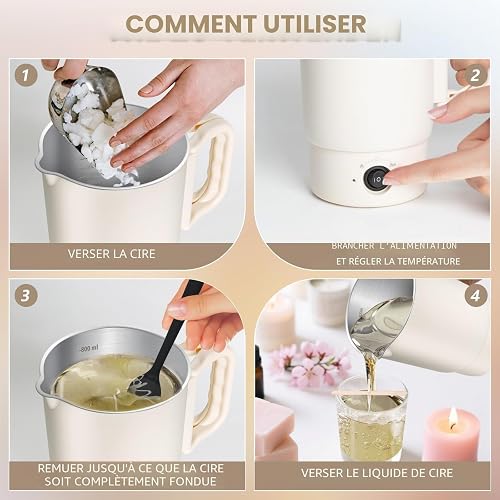 Fondeur de Cire Bougie Électrique 800ml, Kit Fabrication de Bougies Fondoir Cire Bougie avec 2 Températures - Inclut Thermomètre, 100 Mèches, 100 Autocollants, 10 Supports et Cuillère de Mélange - 7