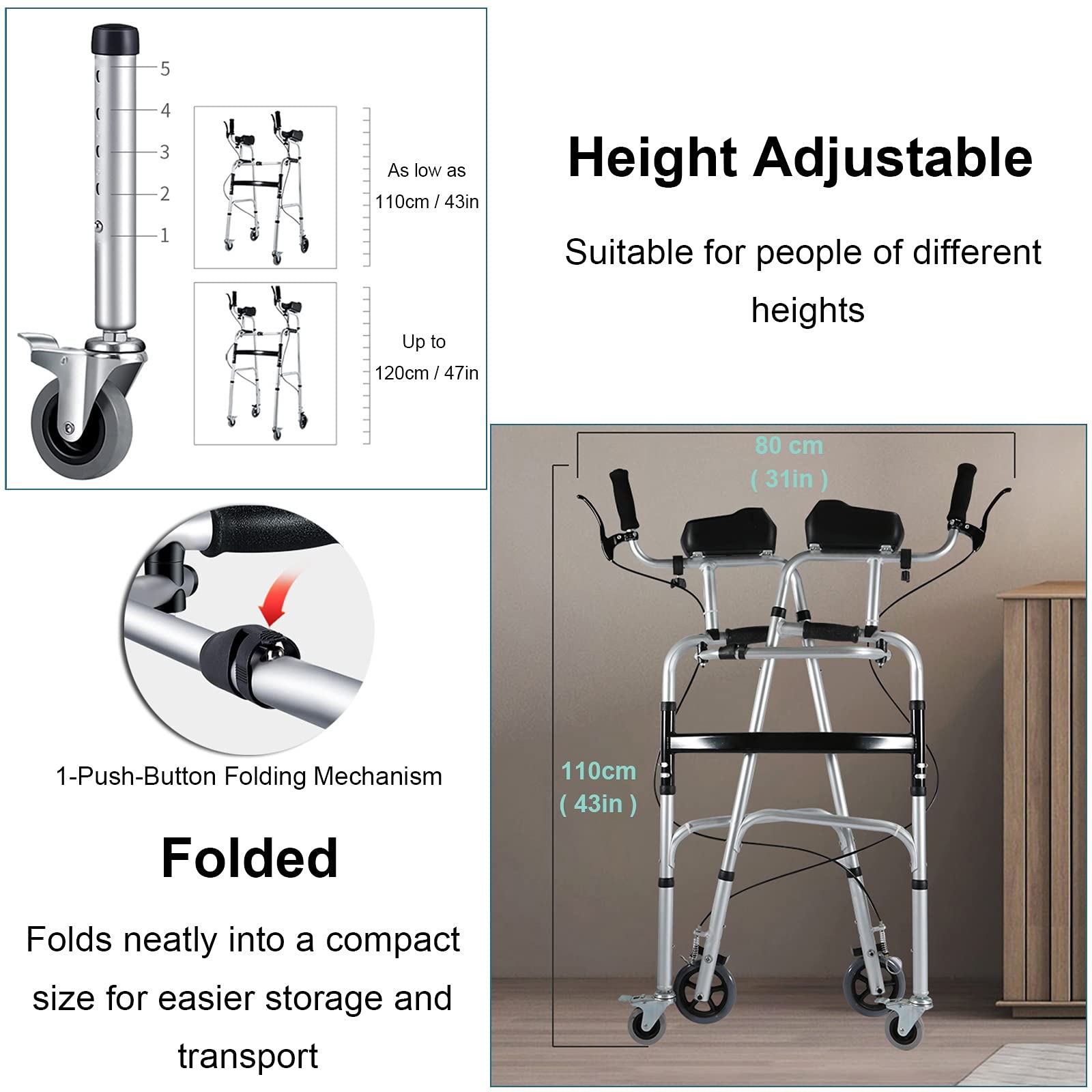 LXLA Gehhilfe für Senioren Senioren Aufrechter Walker Mit Handbremse&Armstütze,1-Knopf-Kompakt-Klapprollator,Leicht Verstellbare Höhe Mobilitätshilfe (Color : with seat)