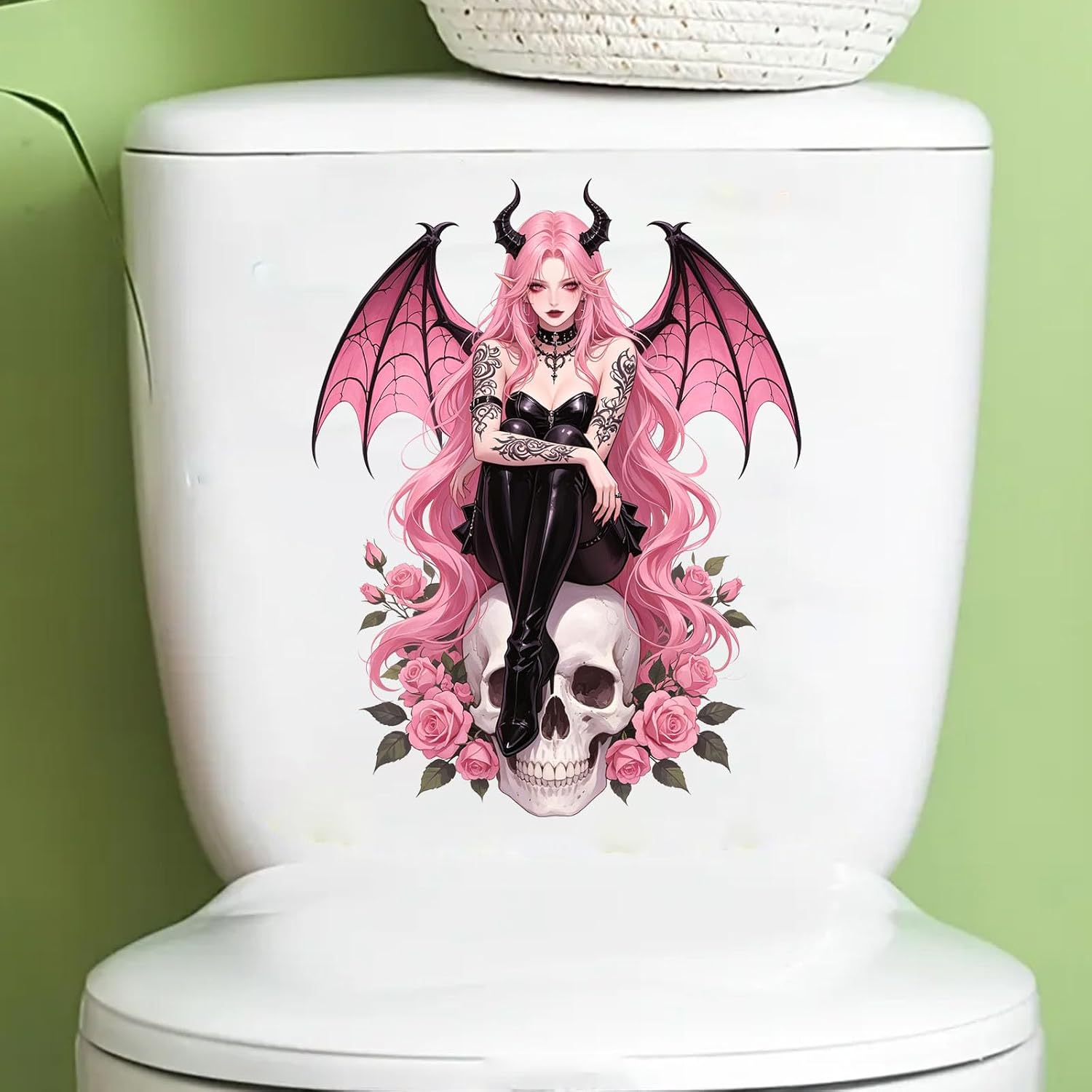 Gothic Demon Fairy Toilet Sticker, Magic Witch Skull Rose Toilet Seat Decal, Waterproof Removable Restroom Sticker, Black Angel Wing Bathroom Decor，Pink Haired Witch