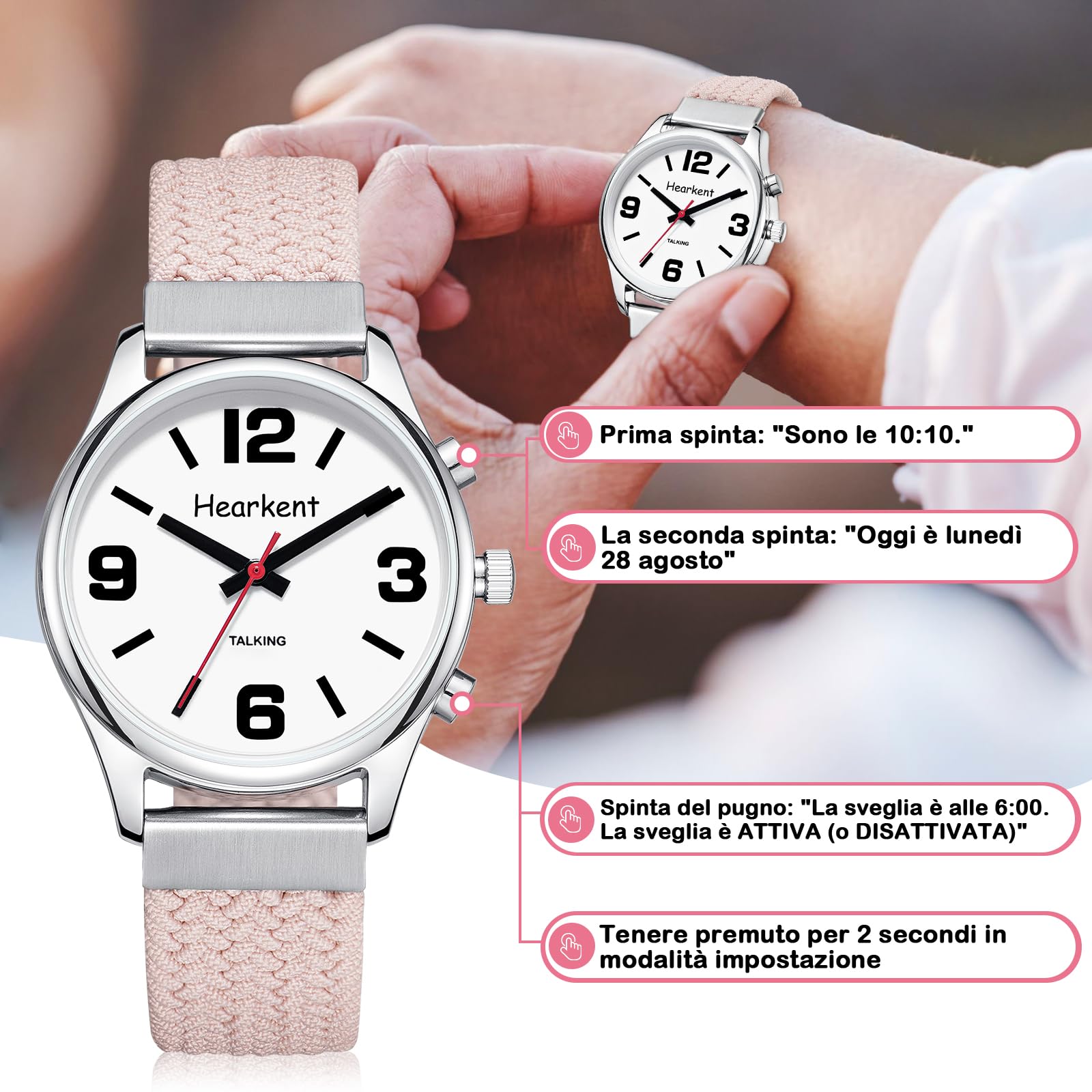 Orologio da donna con voce italiana e ampio display digitale Orologio adatto agli anziani con problemi di vista, ipovedenti, non vedenti o malati di Alzheimer Dotato di sveglia e cinturino in nylon